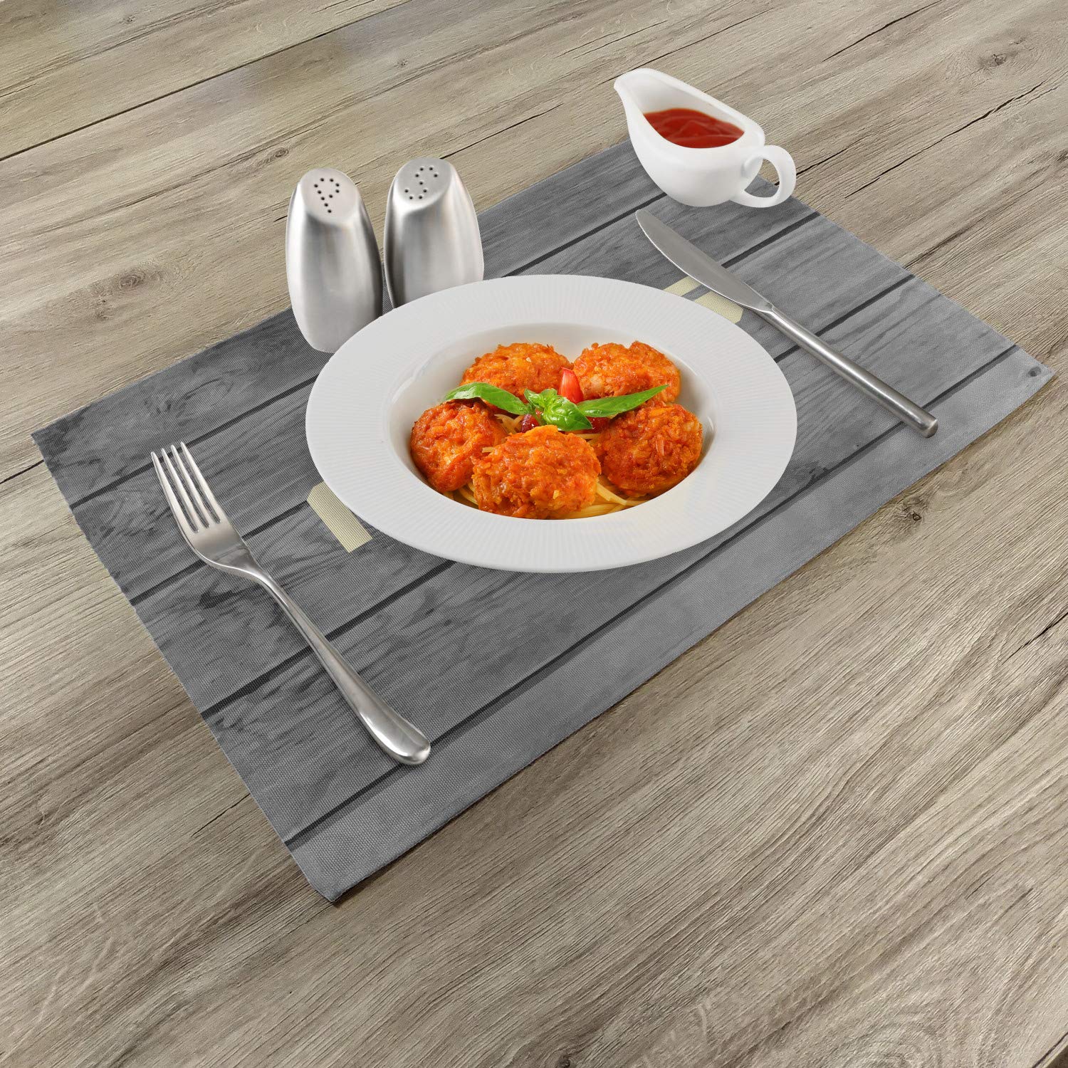Ambesonne 4-Piece Fitness Themed Placemats Set - Washable Fabric Dining Table Mats with Wooden Planks & Aerobics Energy Training Design - Perfect for Gym Enthusiasts, Home Kitchen Decor, and Fitness Club Dining Areas (Pale Yellow, Black, Grey)