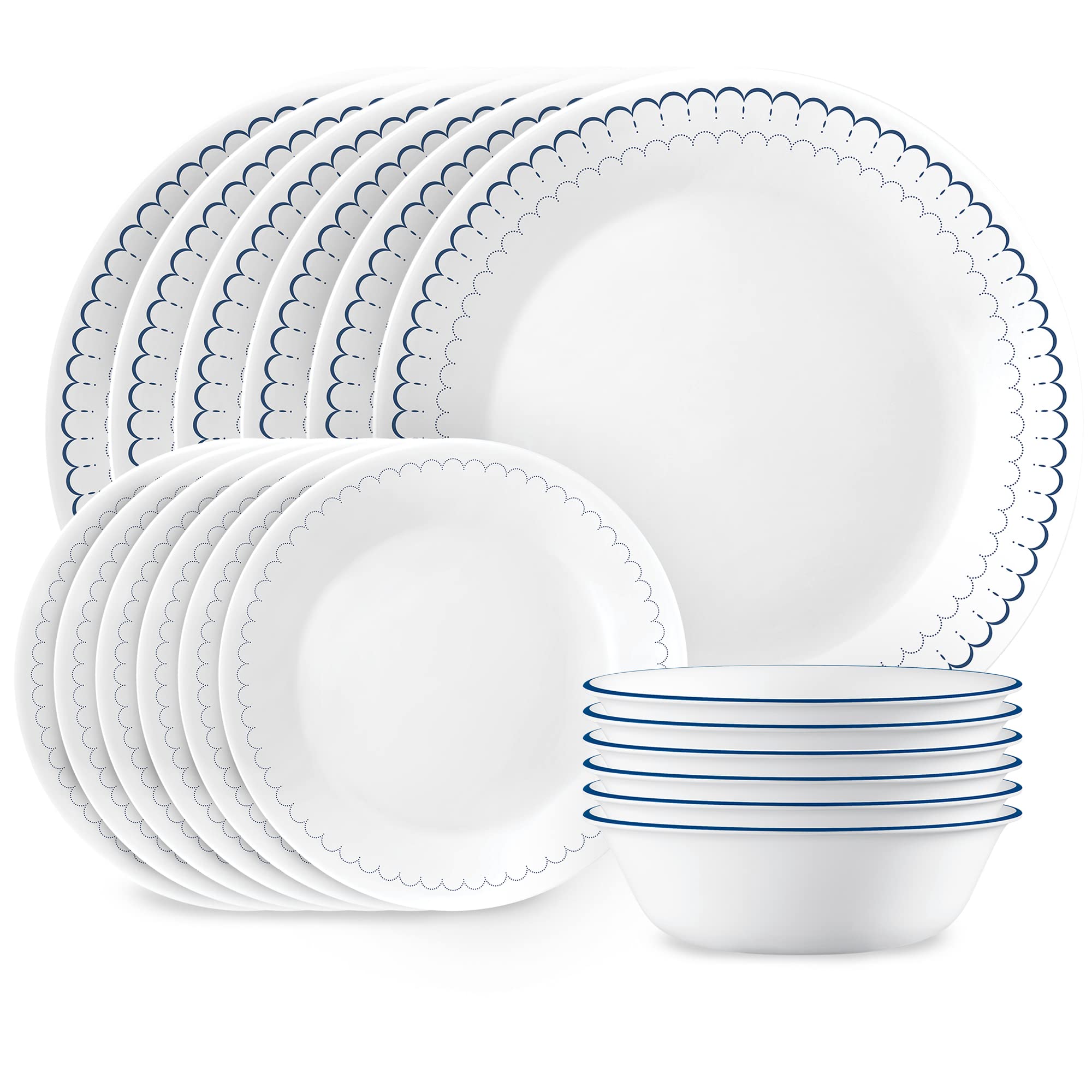 Corelle 18-Piece Dinnerware Set for 6 - Lightweight Round Plates & Bowls - Vitrelle Triple Layer Glass - Chip Resistant, Microwave & Dishwasher Safe - Caspian Blue - Perfect for Everyday Dining, Family Gatherings & Entertaining Guests
