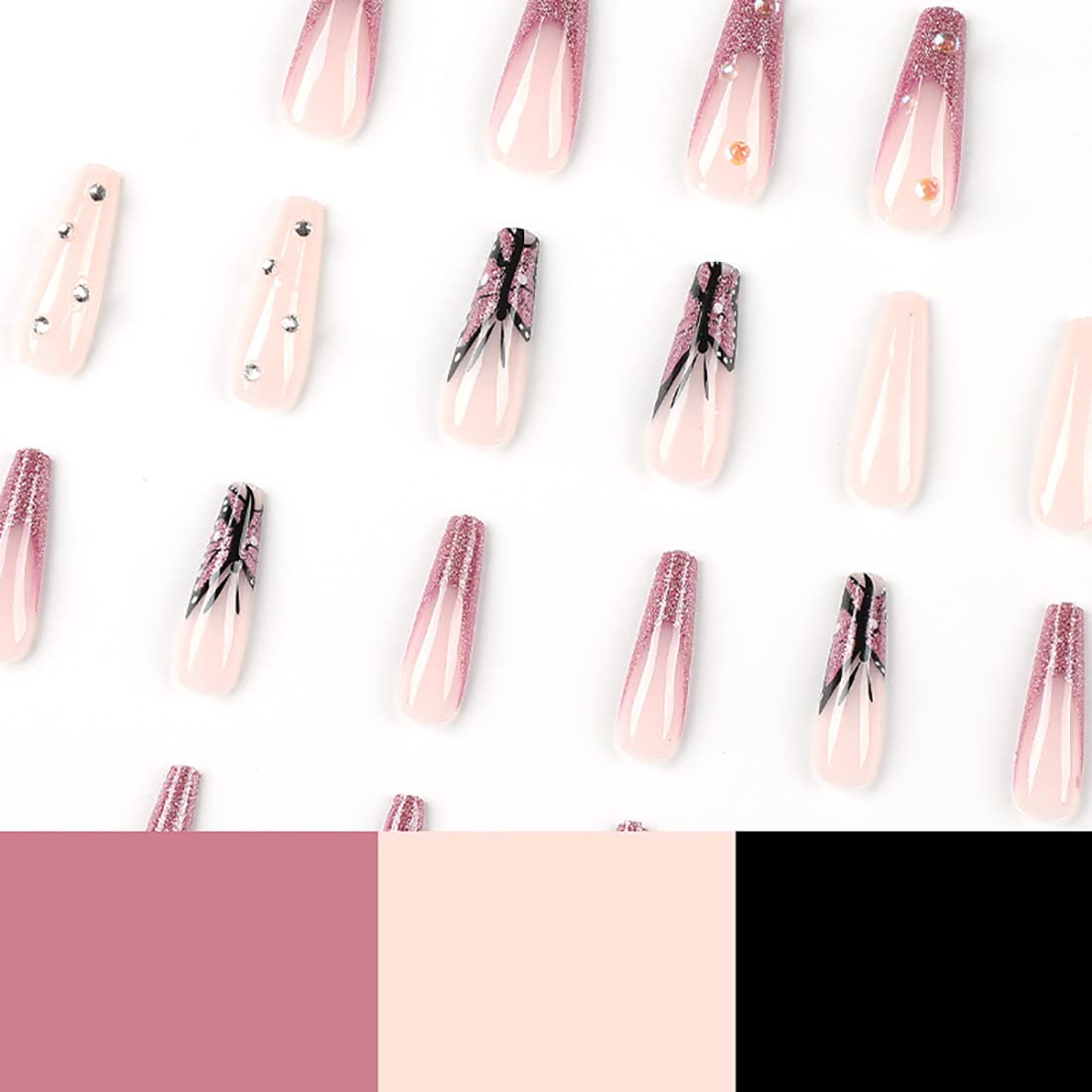 24pcs Long Coffin Ballet Fake Nails with Rhinestone Butterfly Design - French False Nails for Women & Girls - Perfect for Parties, Weddings & Special Occasions