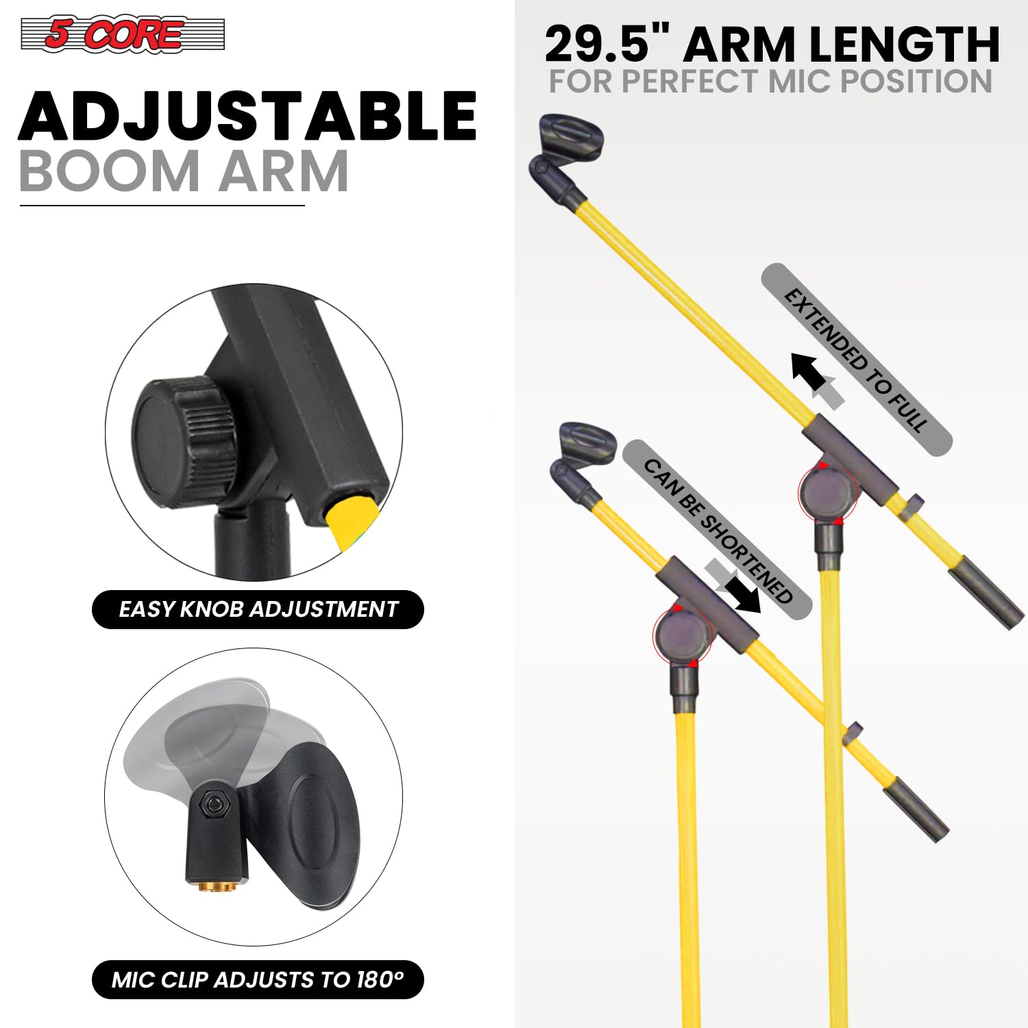 5 Core Heavy Duty Adjustable Tripod Mic Stand (18-72 Inches) with Sturdy Boom Arm - Professional Microphone Stand for Singing, Podcasting & Studio Recording - MS 080 YLW