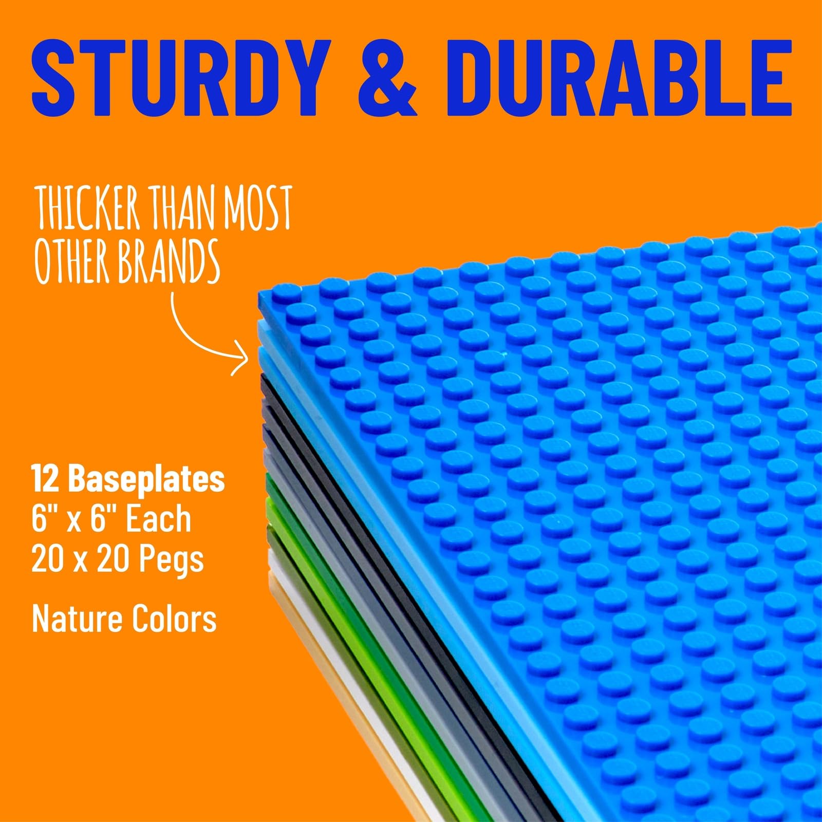 Strictly Briks 12 Pack 6x6 Stackable Baseplates - Compatible with Lego, 20x20 Studs Building Brick Base Plates for Top & Bottom Sides - 12 Nature Colors for Creative Construction, DIY Projects & Kids Play
