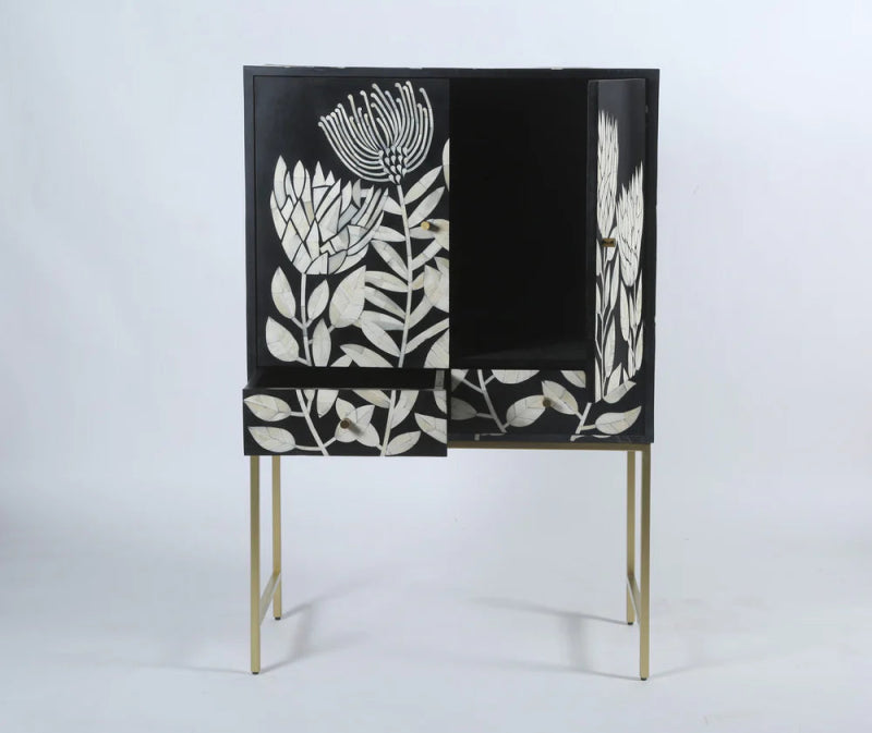 Handmade Bone Inlay Black Tulip Design Cabinet with 2 Drawers - Vintage Storage Furniture for Bedroom, Living Room & Office Organization