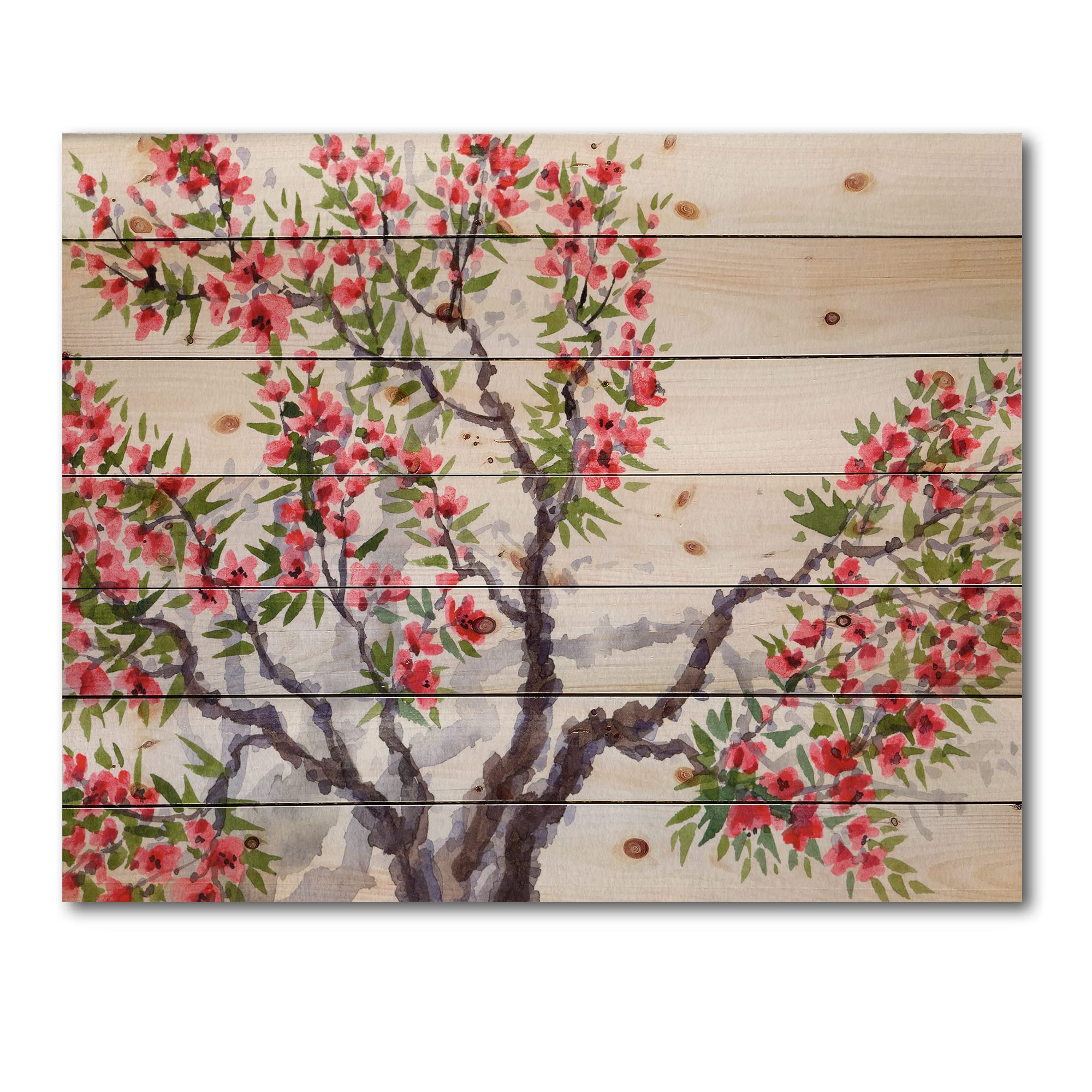 DesignQ Traditional Red Blossoming Tree Floral Wood Wall Art - Large Pine Wood Wall Decor Panel for Living Room, Bedroom & Office