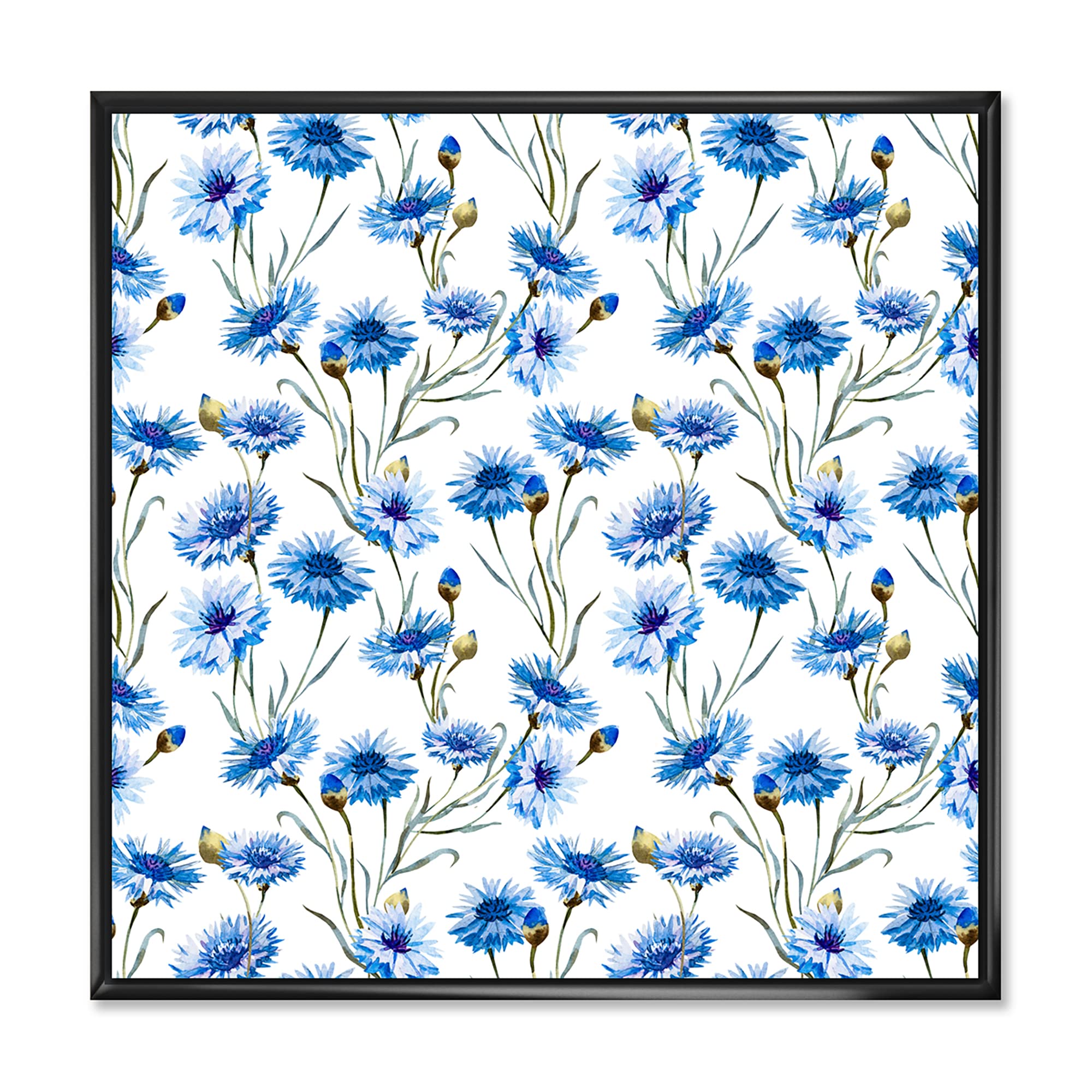 DesignQ Blue Cornflowers With Green Leaves II - Traditional Framed Canvas Wall Art Print for Home Decor, Living Room, Bedroom & Office
