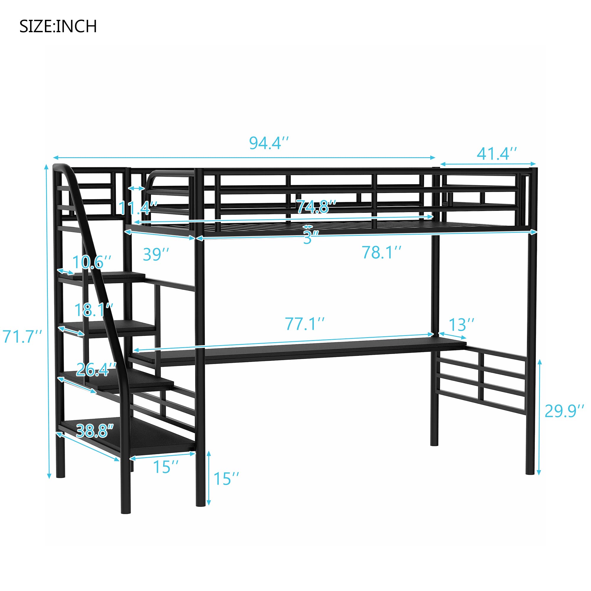 **Twin Size Loft Bed with Storage Stairs, Desk & Shelves - Heavy Duty Metal High Loft Bed with Lockers for Kids, Teens & Adults - Perfect for Small Spaces, Dorms & Apartments - Black**