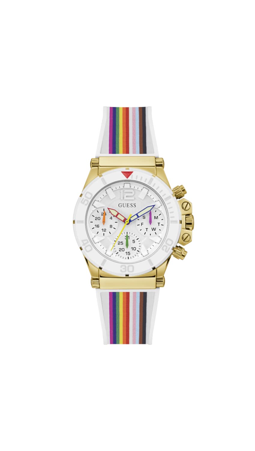 GUESS Women's 38mm Multifunction Sports Watch - White Dial with Gold-Tone Nylon Top Ring, Stainless Steel Case & Bracelet | Perfect for Gym, Running & Casual Wear