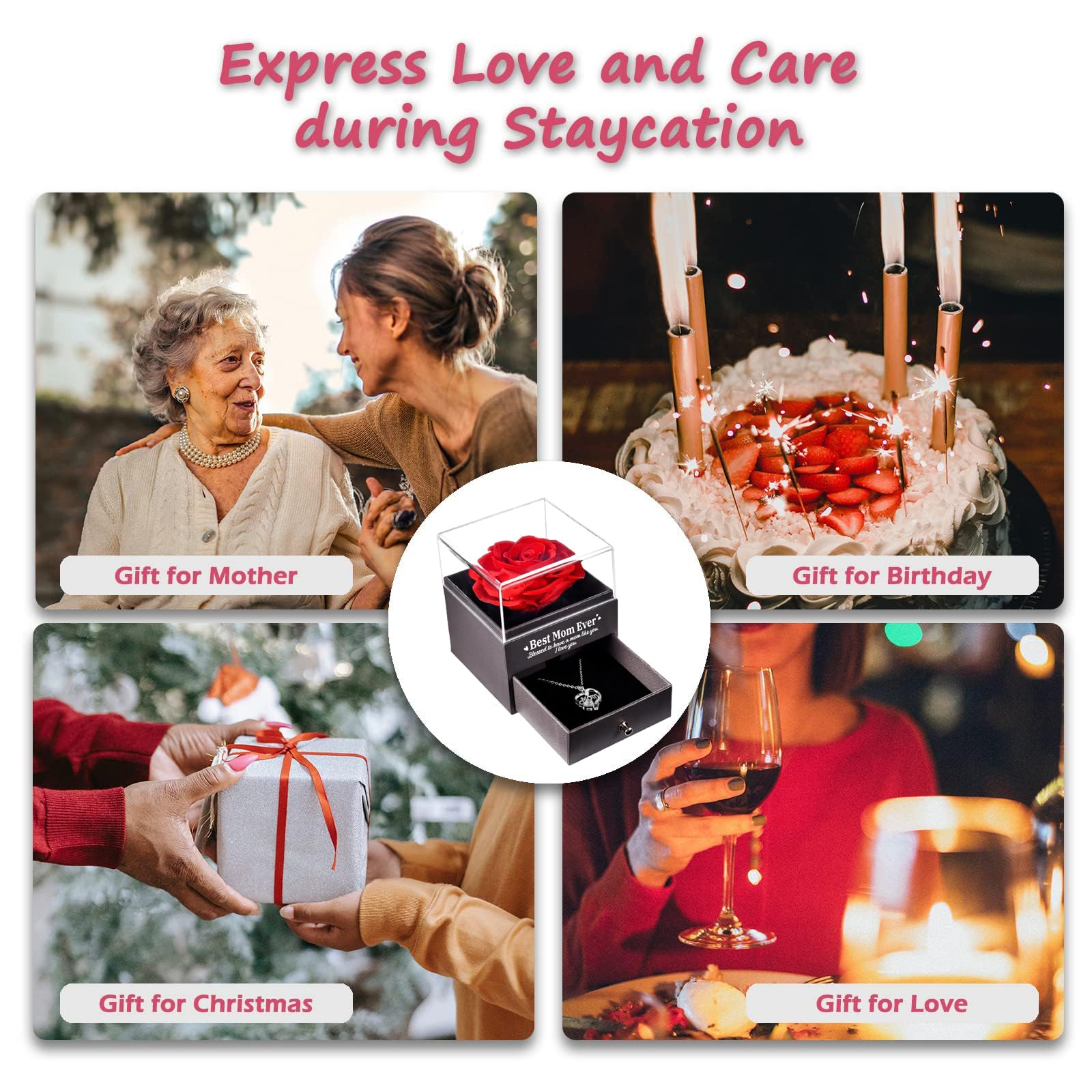 UQUI Preserved Rose Gift Box with 'I Love You' Necklace - Eternal Rose Christmas, Anniversary & Birthday Gifts for Mom, Wife, Women - Perfect for Mother's Day, Valentine's Day & Romantic Occasions