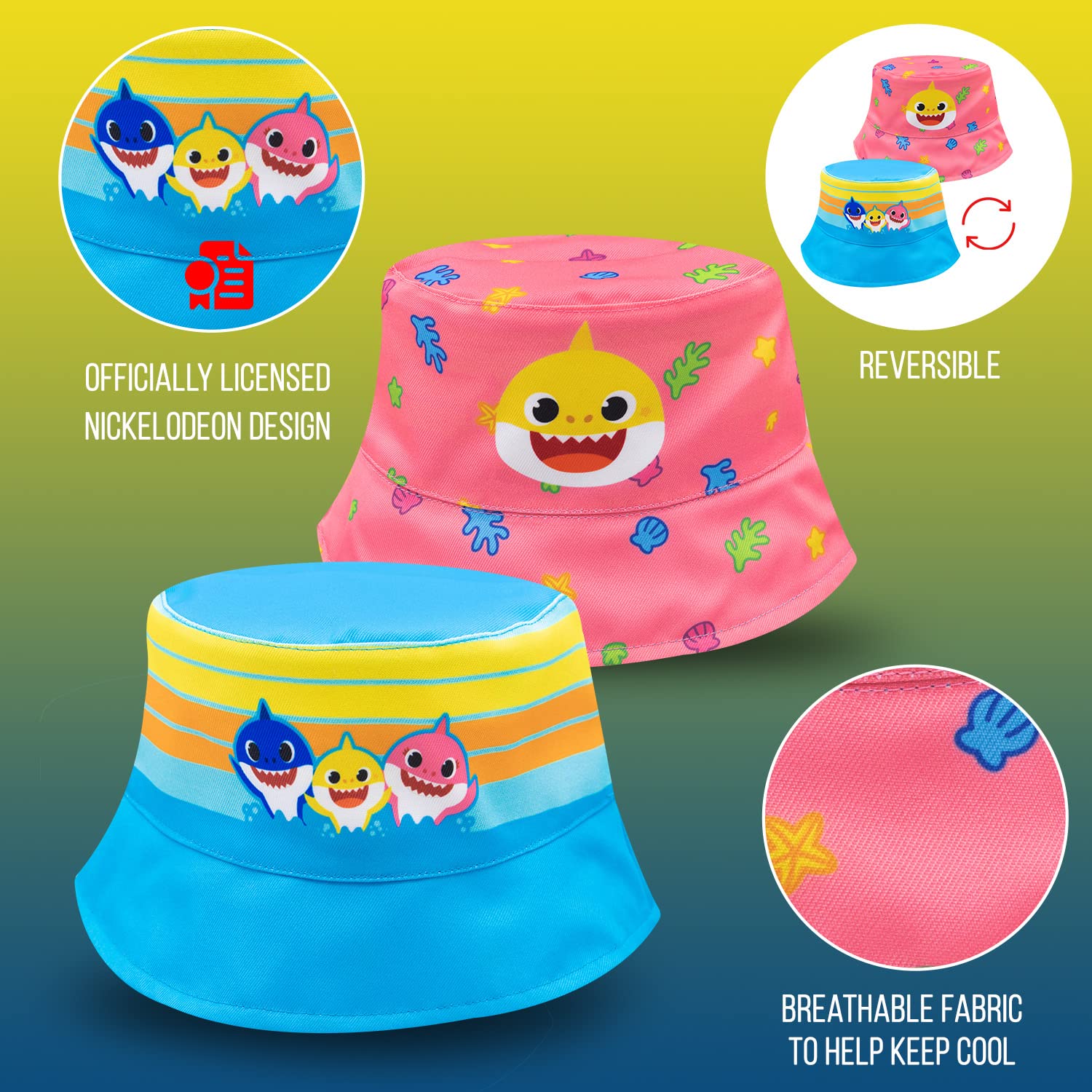 Baby Shark Reversible Bucket Hat for Toddlers - UPF 50+ Sun Protection for Boys & Girls - Pinkfong Baby Shark Design - Perfect for Beach, Park & Outdoor Play