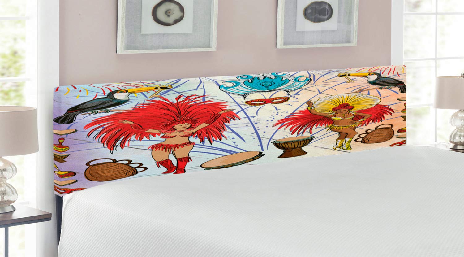 Ambesonne Brazil Headboard - Rio Carnival Themed with Samba Dancers & Musical Instruments Print, Upholstered Decorative Metal Bed Frame with Memory Foam, King Size, Multicolor | Perfect for Bedroom Decor, Themed Parties & Brazilian Culture Enthusiasts