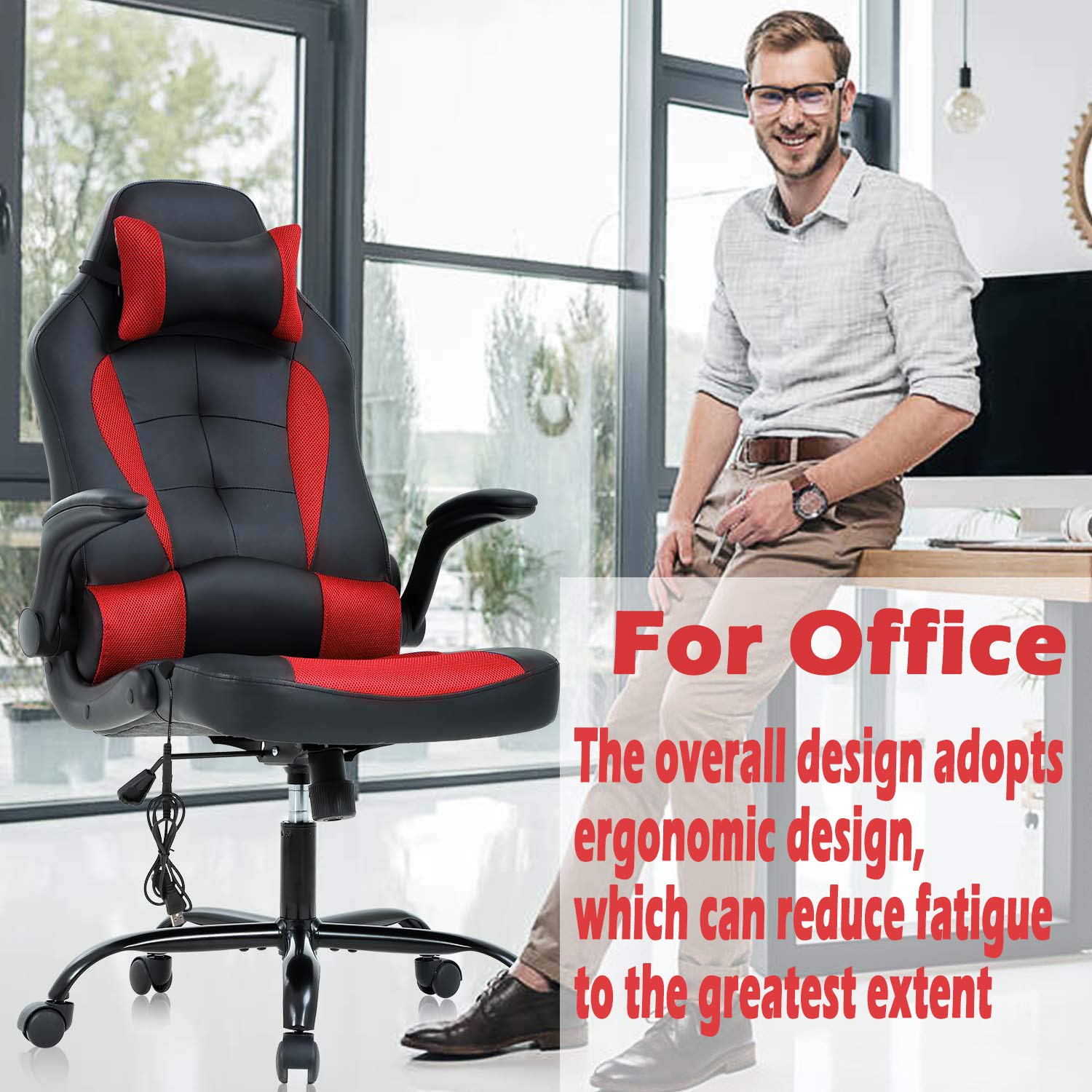 Premium Racing Style Gaming Chair - High Back Ergonomic Office Chair with Adjustable Height, PU Leather, Lumbar Support & Headrest - Perfect for Computer Desk, Gaming Setup & Home Office (Red)