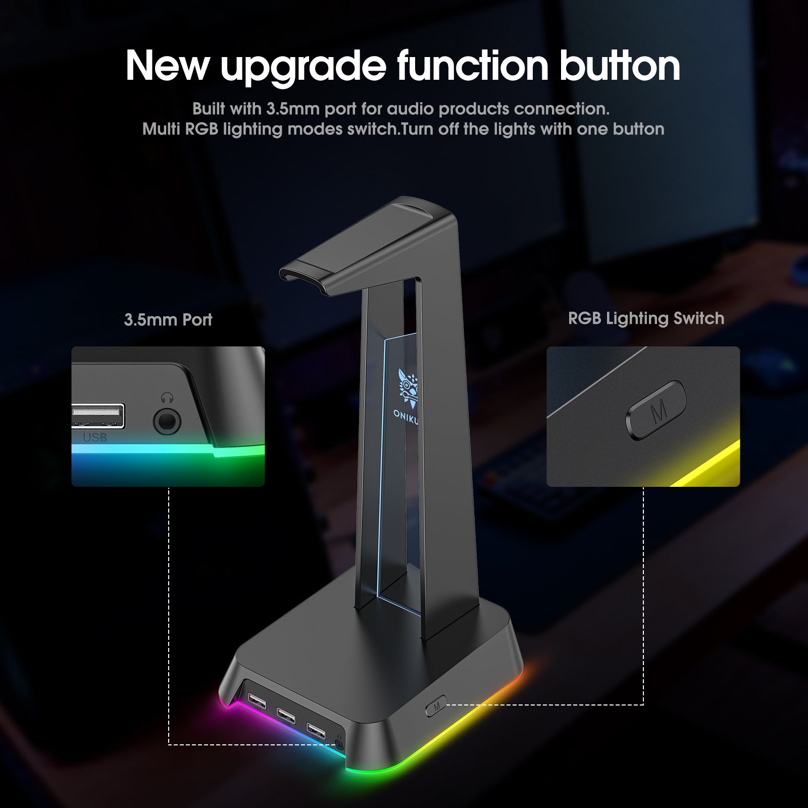 ONIKUMA ST2 RGB Gaming Headphone Stand with 3 USB Ports & 3.5mm AUX Jack - Perfect for PC Gaming Setup, Streaming Studio & Office Workspace