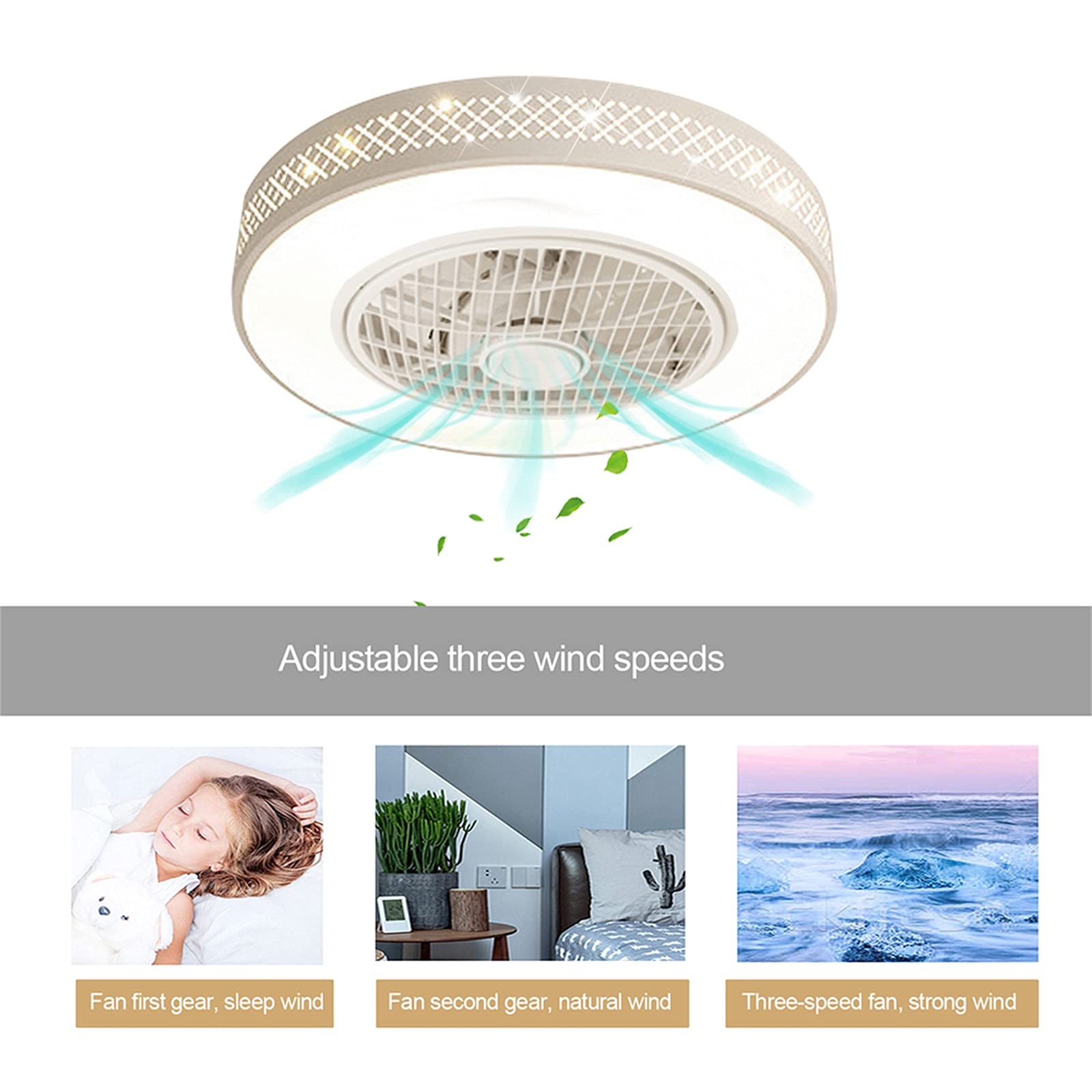 Dimmable 20 Inch Bladeless Ceiling Fan with Light & Remote Control - Modern Acrylic Chandelier Fan, 3 Color Changing, Low Profile Semi-Flush Mount for Bedroom, Living Room & Nursery (White) | Energy Efficient & Quiet Operation