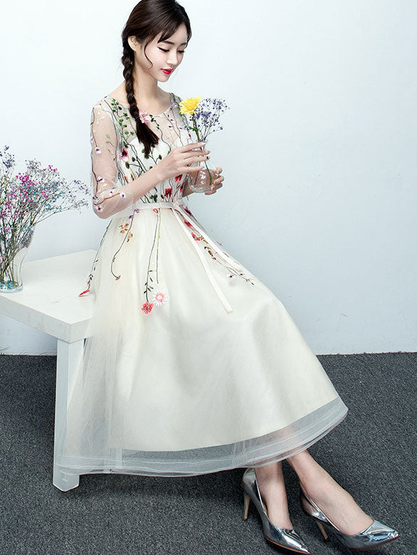 Elegant Beige & Gray A-Line Illusion Embroidered Tulle Bridesmaid Dress for Weddings, Formal Events & Special Occasions