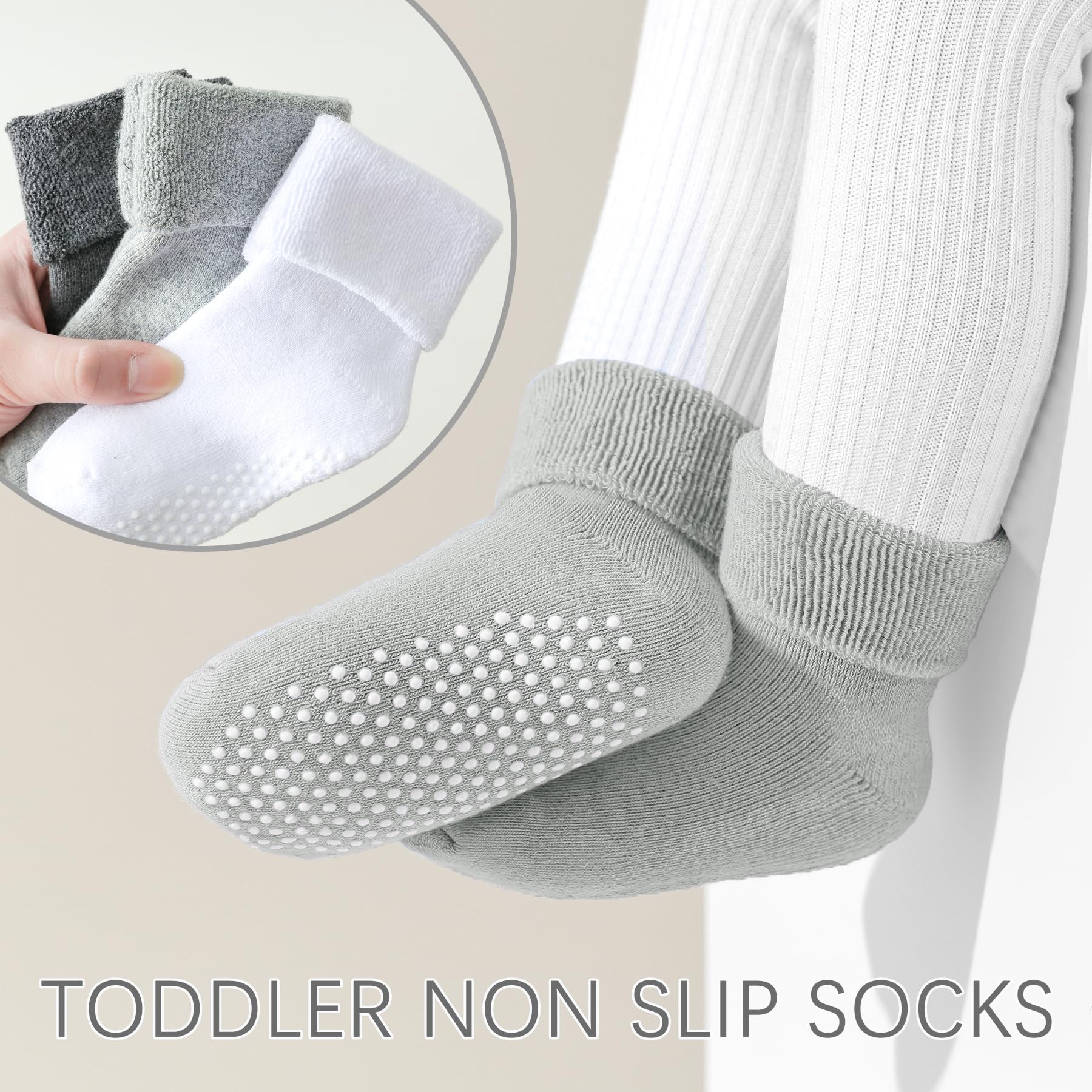 Non-Slip Toddler Socks with Grips - 12 Pairs Cotton Baby Crew Socks with Turn Cuff for Warmth & Safety - Perfect for Playtime, Daycare & Learning to Walk