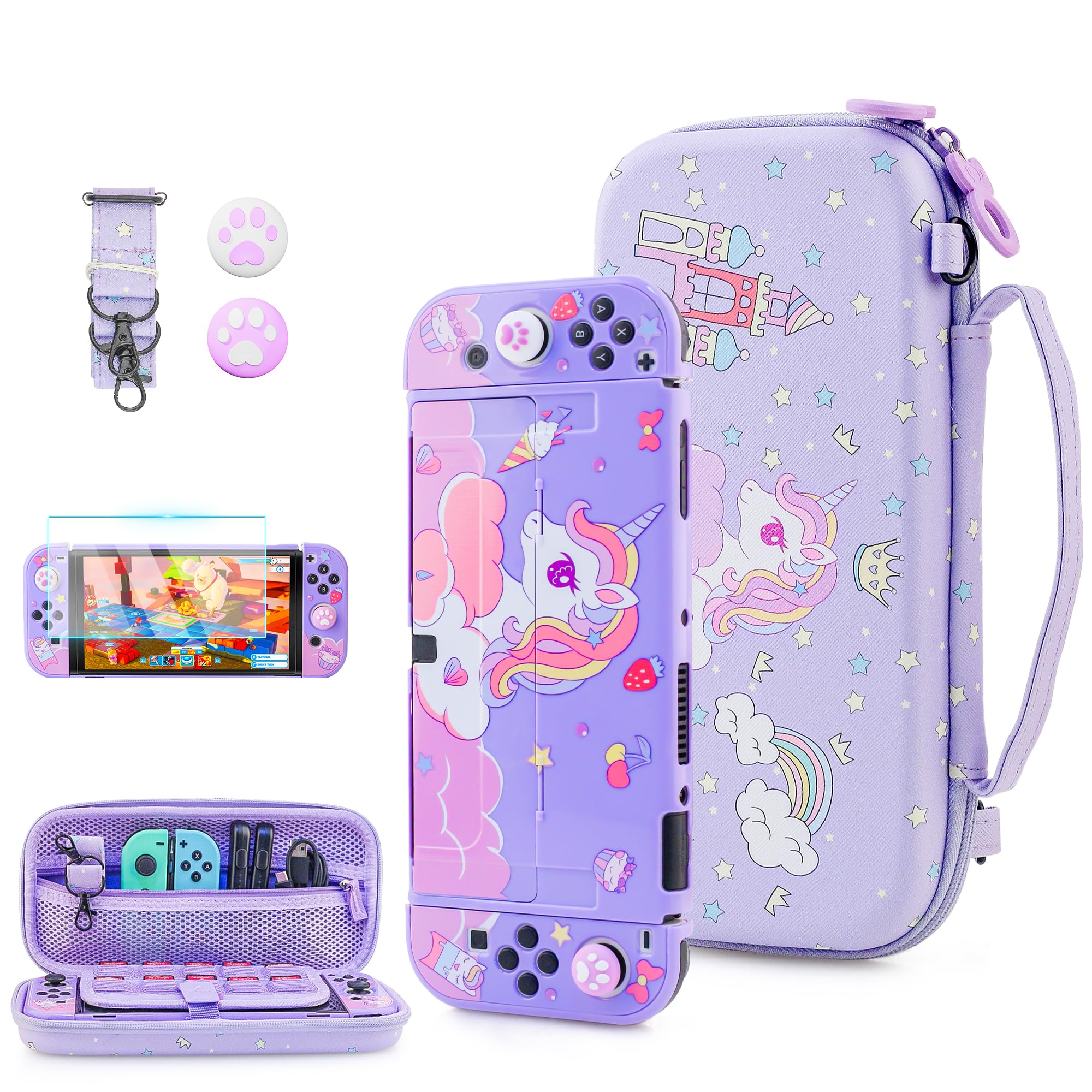 FUNDIARY Unicorn Carrying Case for Nintendo Switch OLED - Purple Portable Travel Storage Case with Hard PC Cover, Screen Protector, Shoulder Strap & 2 Thumb Grips | Protective Dockable Skin for Gaming Accessories | Perfect for Travel, Commuting & On-the-Go Gaming