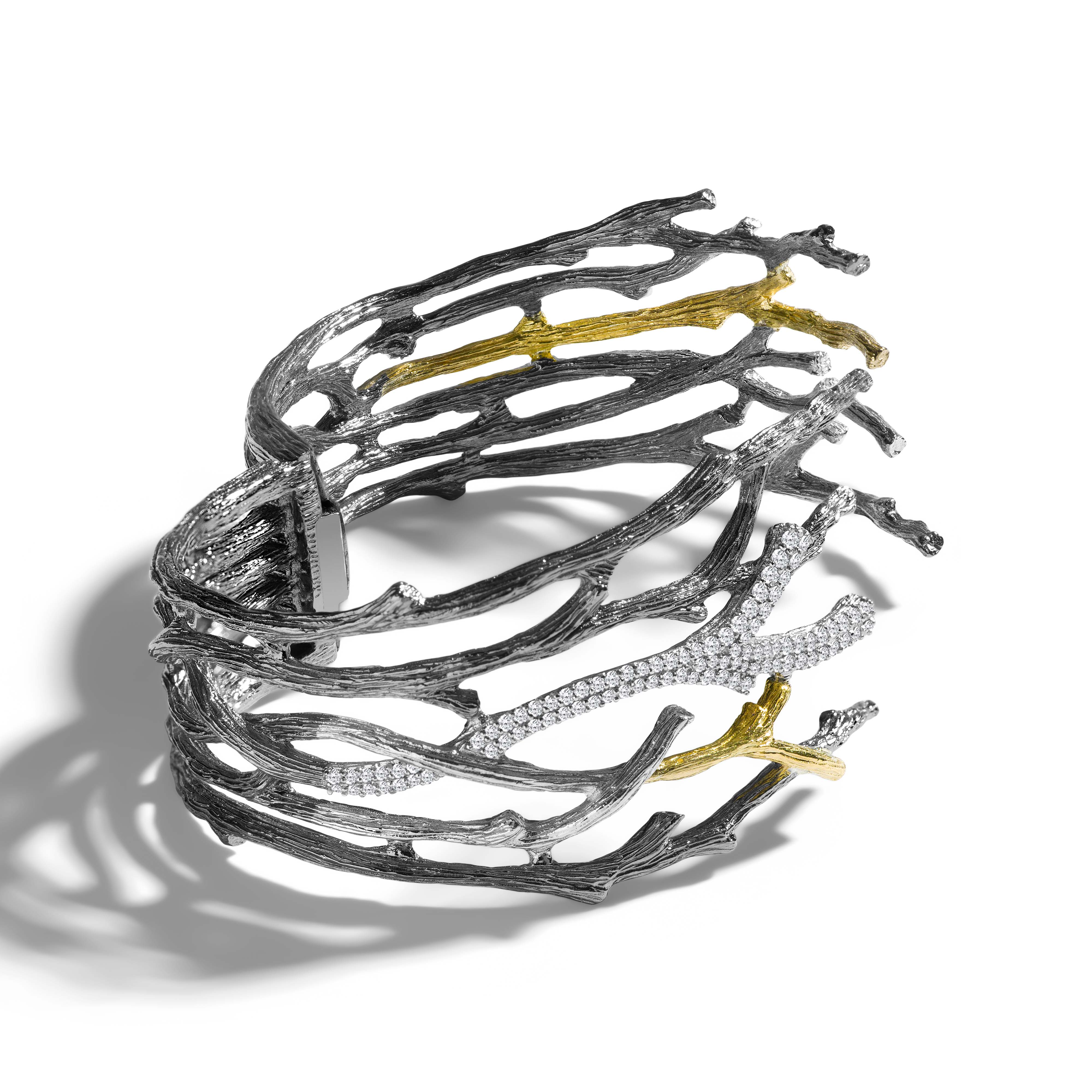 Enchanted Forest Diamond Cuff Bracelet - Black Rhodium & Gold Plated - Elegant Jewelry for Women, Perfect for Parties, Weddings & Special Occasions