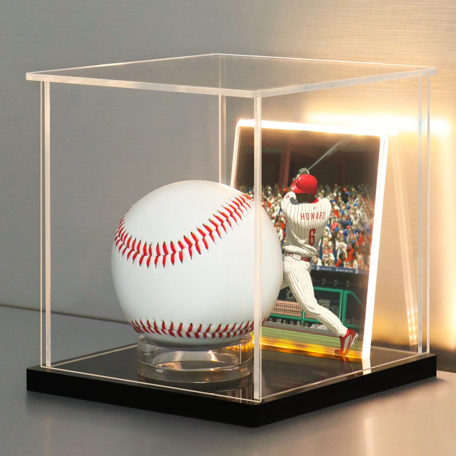 LANSCOERY Acrylic Baseball Display Case with LED Light - Dustproof Memorabilia Box for Autographed Balls, Includes Holder & Card Frame - Perfect for Collectibles, Sports Decor, and Home Display
