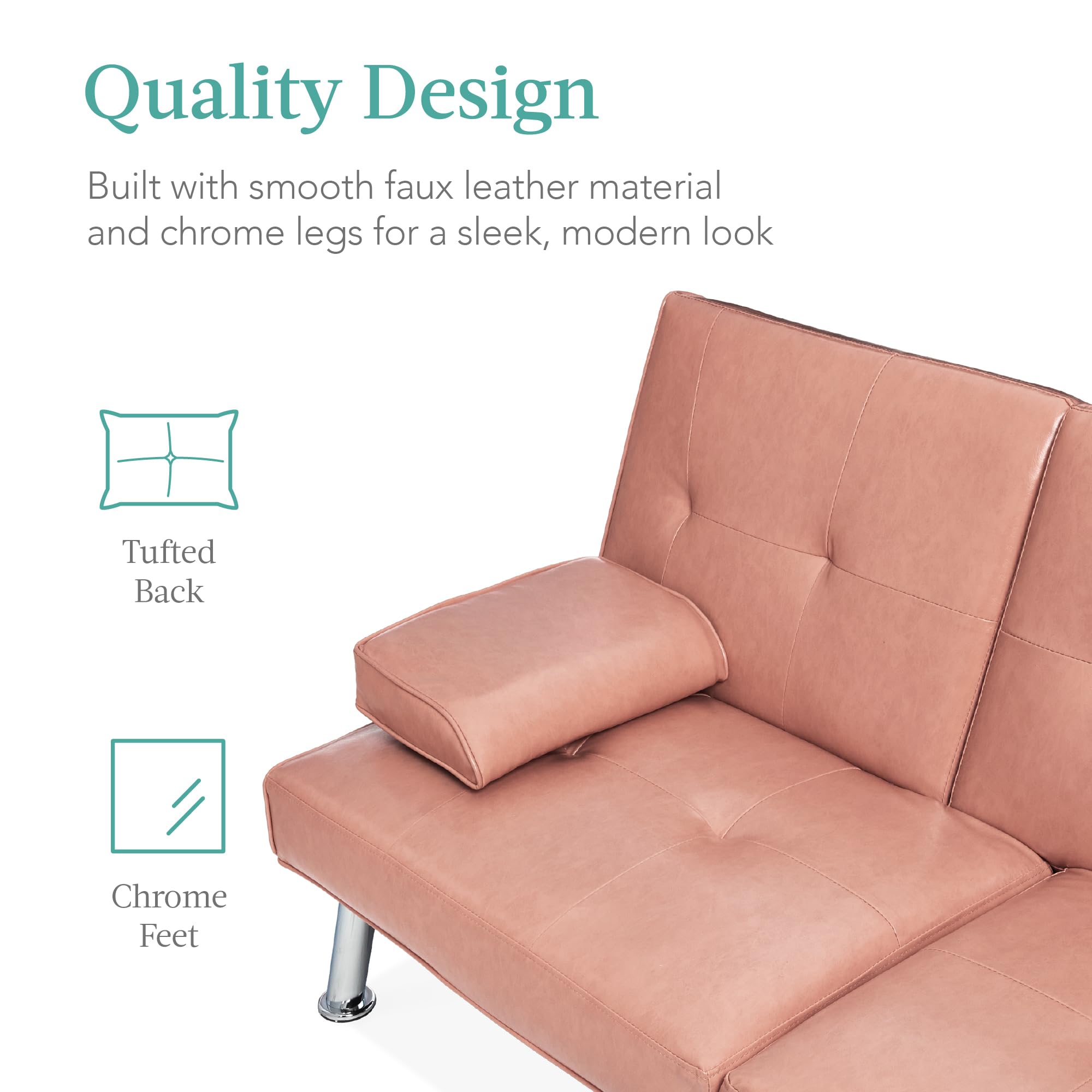 Best Choice Products Faux Leather Convertible Futon Sofa Bed - Adjustable Folding Guest Bed with Removable Armrests, Modern Upholstered Sleeper for Living Room, Office & Small Spaces - Pink