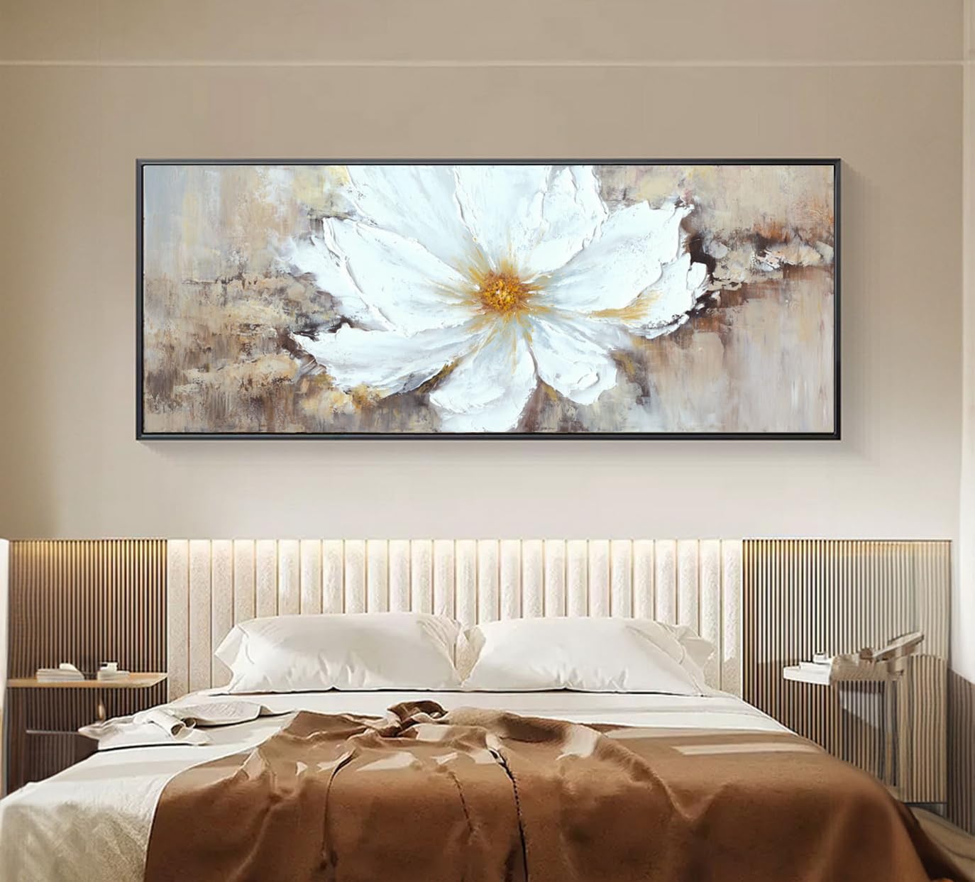 Hand-Painted White Floral Oil Painting on Canvas - Large Framed Wall Art for Bedroom & Living Room Decor - Modern Black Frame Ready to Hang (24x56 inches) - Perfect for Home, Office, and Wedding Venue Decoration