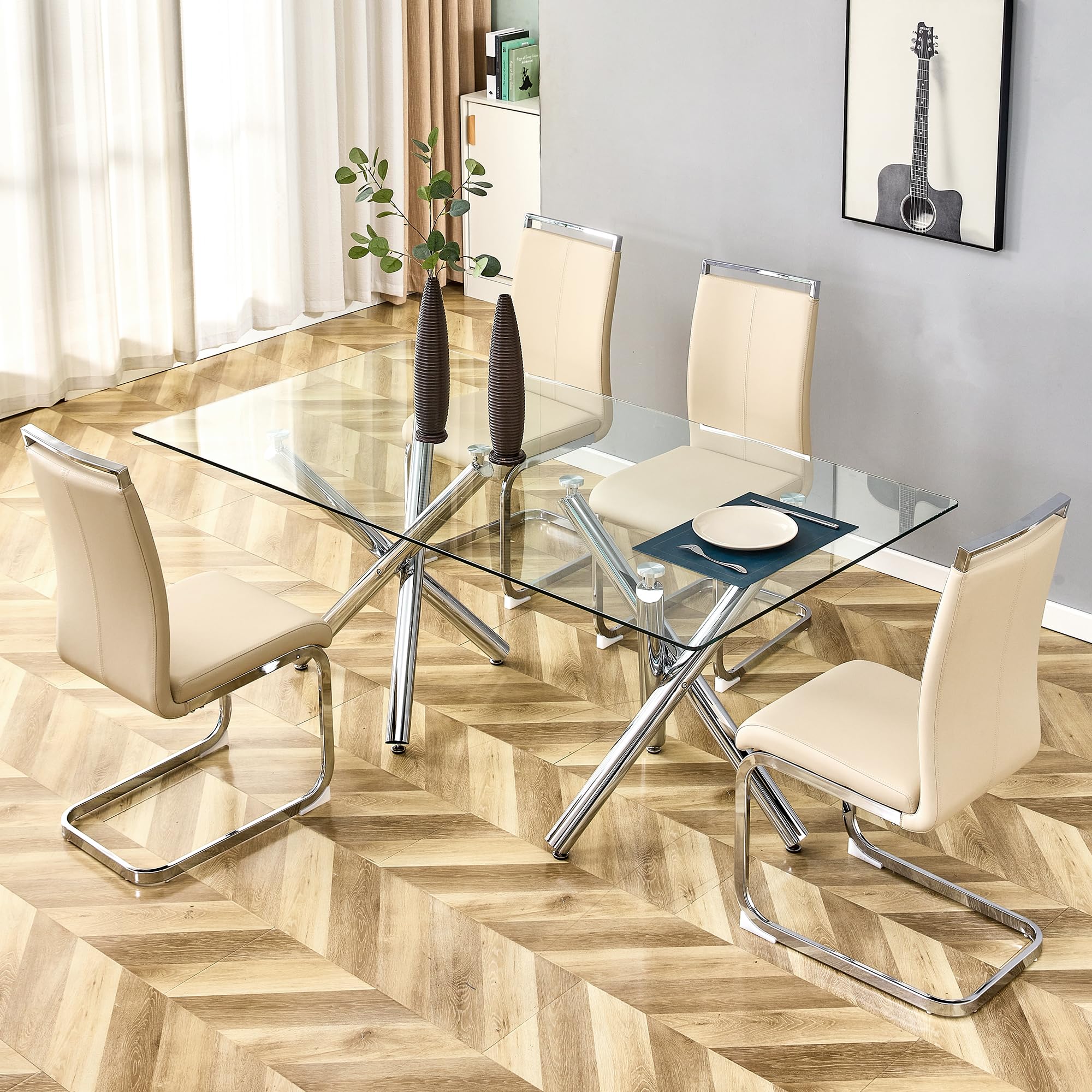 Baysitone Modern Dining Chairs Set of 4 - Silver Metal Frame & Faux Leather Padded High Back Kitchen Side Chairs for Dining Room, Kitchen, Living Room - Beige - Perfect for Family Meals, Entertaining Guests & Home Decor