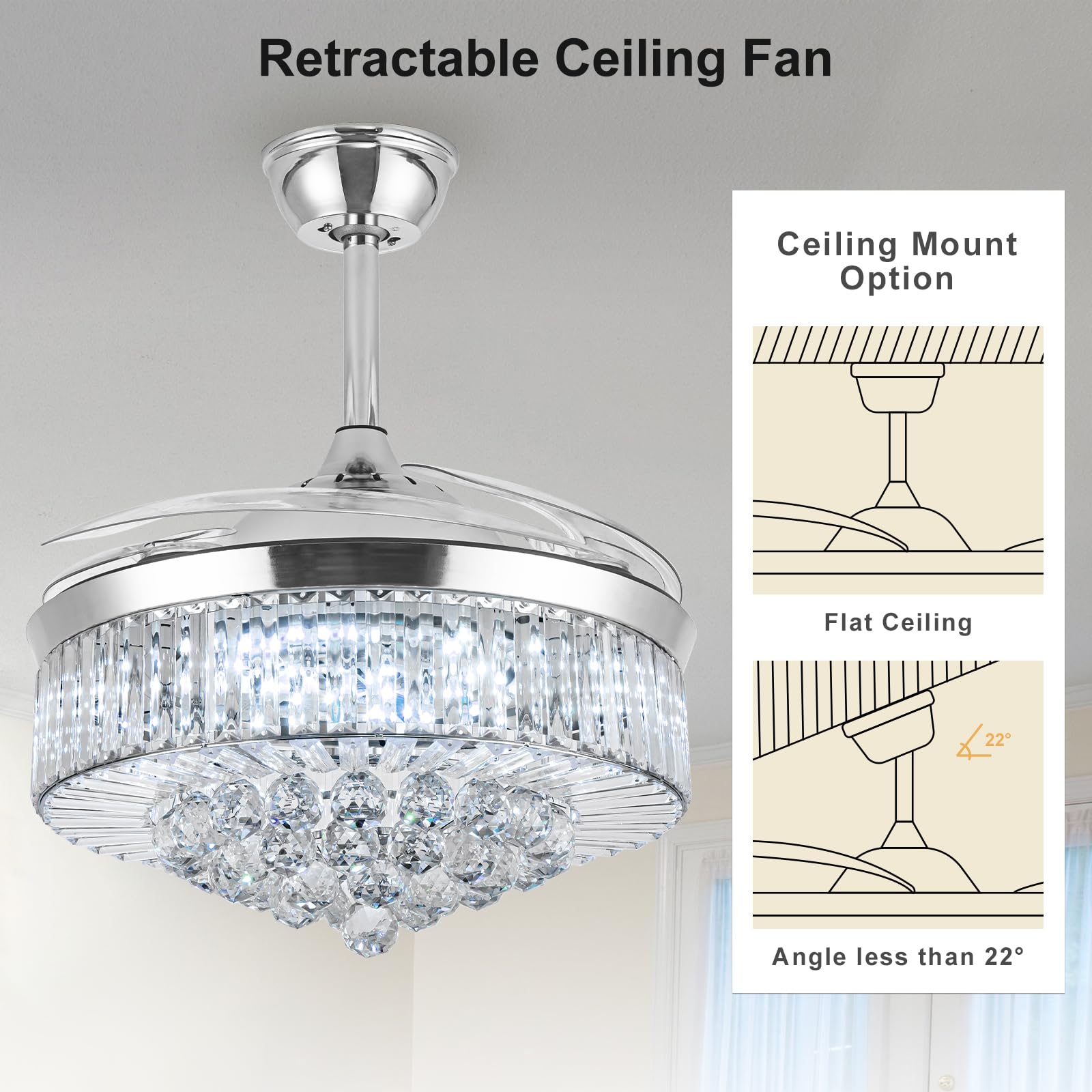 42'' Silver Retractable Crystal Chandelier Ceiling Fan with Light - Remote Control, Dimmable, Reversible Blades - Perfect for Dining Room, Living Room & Bedroom Lighting Decor