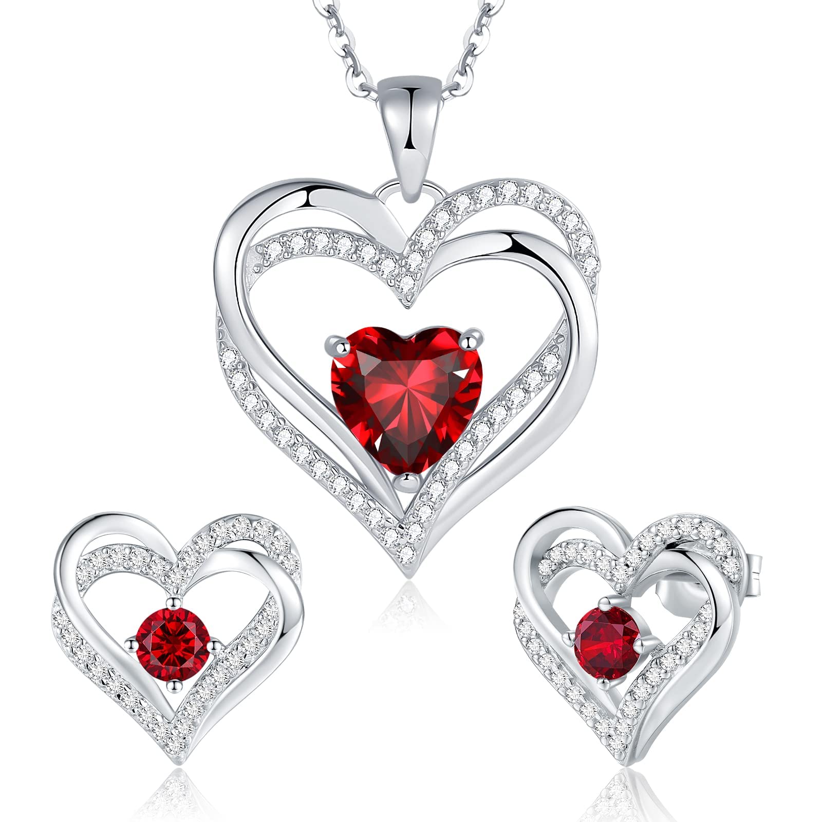 925 Sterling Silver Heart Necklace & Earrings Set with Birthstone - Romantic Anniversary, Birthday, Christmas Gift for Women, Girls, Sister & Friends - Perfect for Valentine's Day, Mother's Day & Special Occasions
