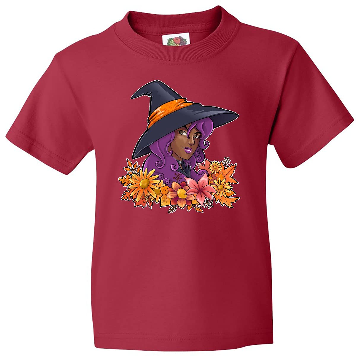 Inktastic Witch with Autumn Flowers and Leaves Youth T-Shirt | Halloween Costume Tee | Fall Themed Graphic T-Shirt for Kids and Teens | Perfect for Halloween Parties, Trick or Treating, and Autumn Festivals