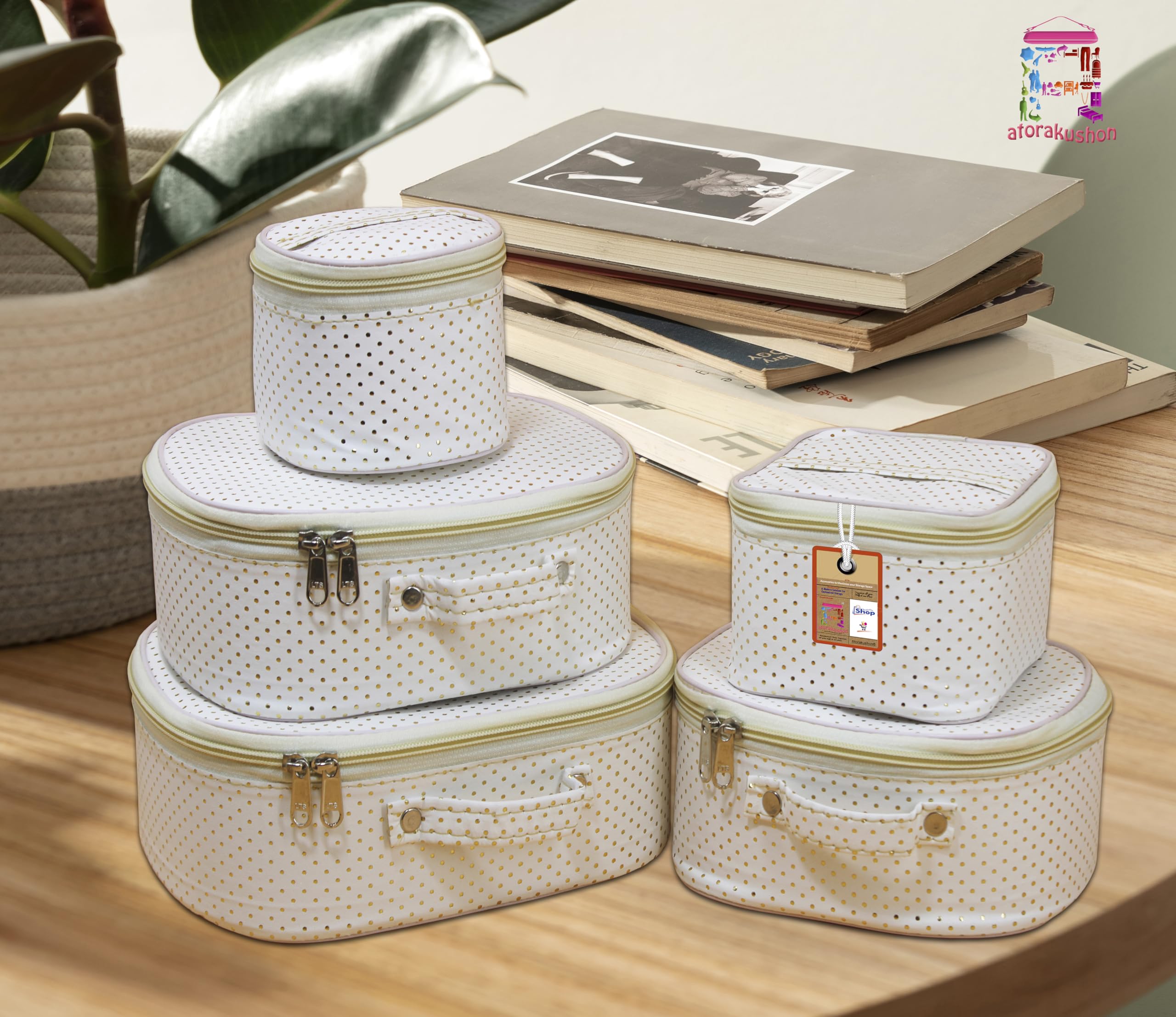Dotted Cream Fabric Makeup Storage Box & Travel Vanity Organizer - Cosmetic Toiletry Bag, Jewelry Pouch for Women | Perfect for Travel, Home Organization & Wardrobe Storage