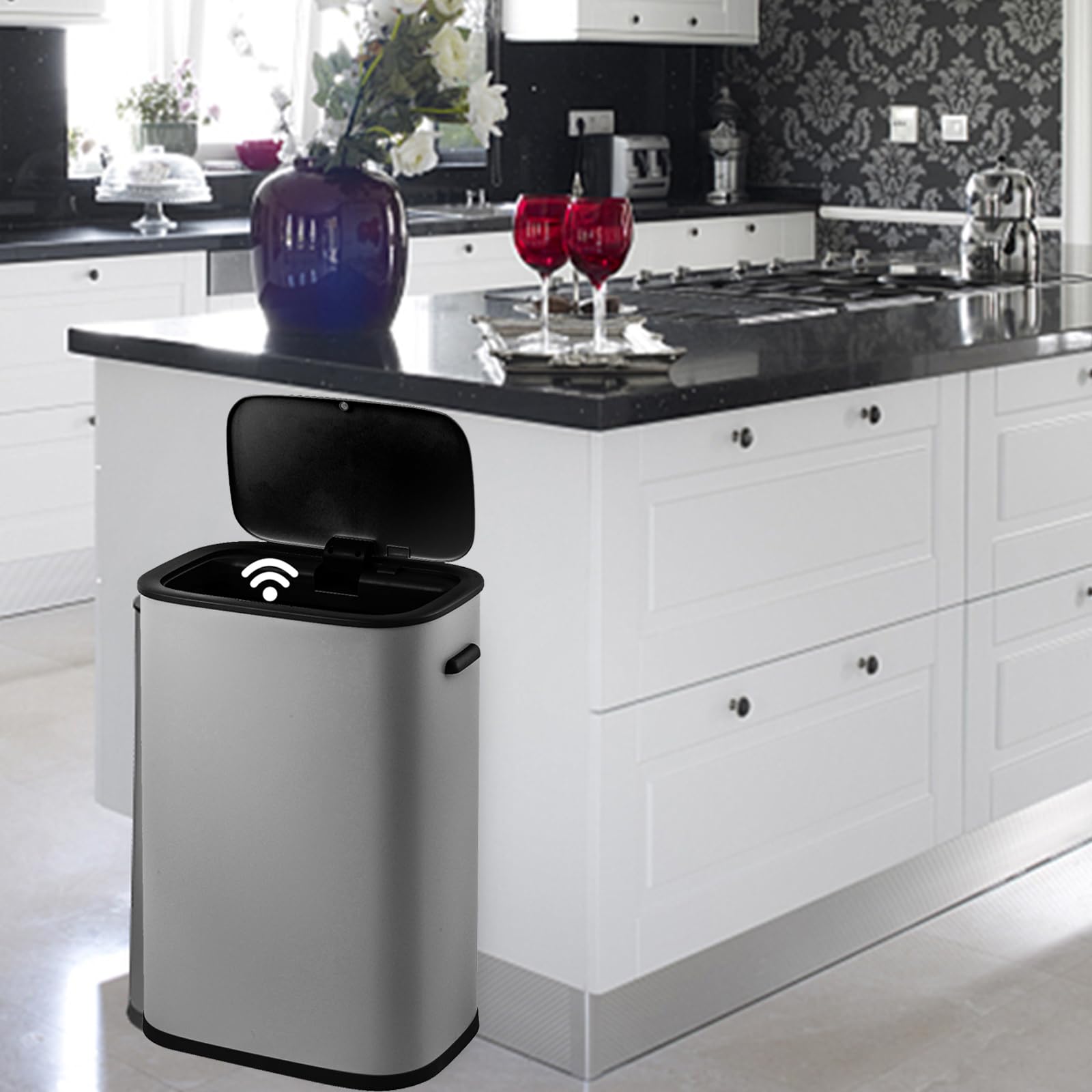 GAOMON 14.5 Gallon Automatic Trash Can with Lid - Touchless Motion Sensor Garbage Bin, 55L Stainless Steel Smart Waste Basket for Kitchen, Office, Bathroom & Bedroom (Gray) - Perfect for Hygienic Hands-Free Disposal in Home & Commercial Spaces