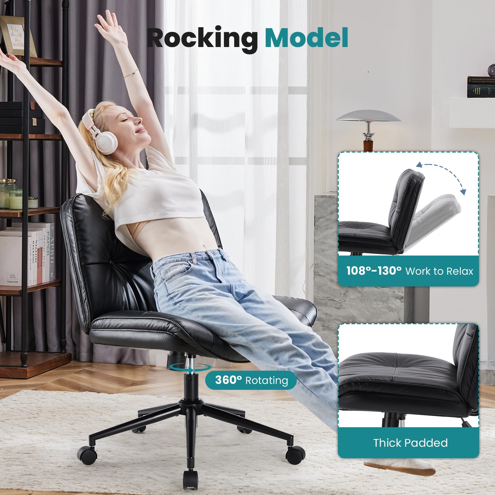 OLIXIS Ergonomic Swivel Office Chair with Wheels - Adjustable PU Leather Armless Desk Chair for Home Office, Rolling Vanity Seat - Perfect for Work, Study, and Makeup Stations