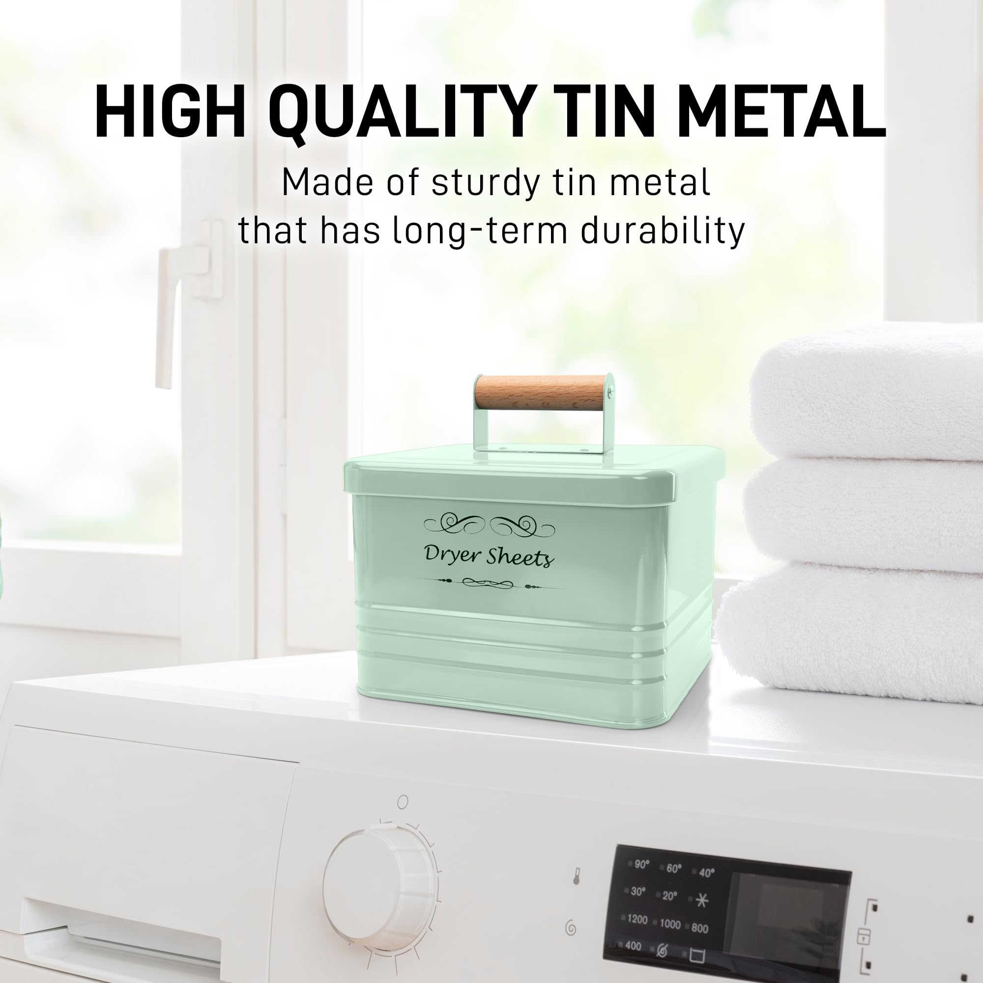 ELITAPRO Metal Dryer Sheet Holder with Lid - Farmhouse Style Laundry Room Organizer & Storage Box for Dryer Sheets - Rustic Home Decor Accessory (Mint Green) | Perfect for Laundry Room Organization & Clothes Softening