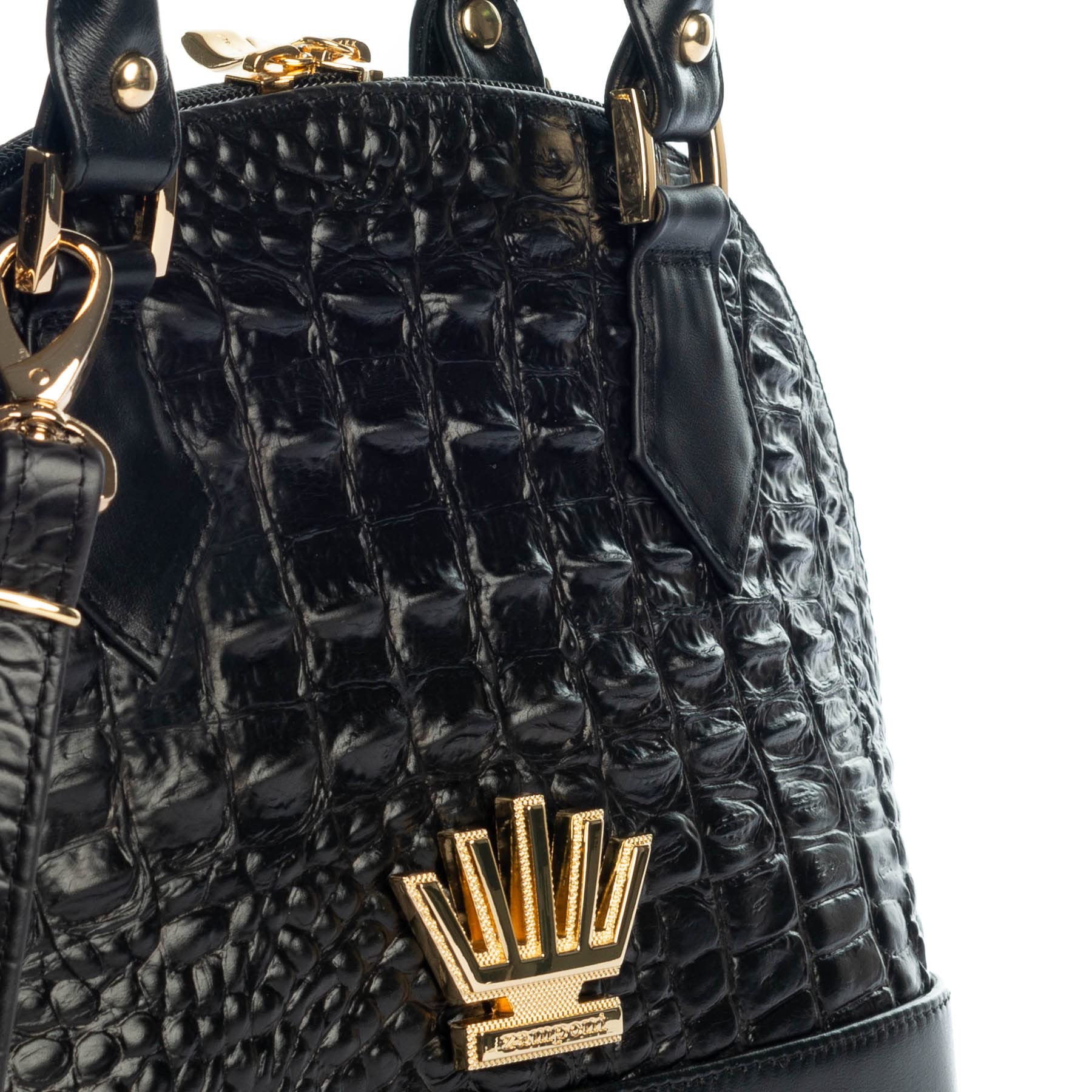 Zamponi Women's Genuine Leather Shoulder Bag - Italian Made Small Crocodile Embossed Handbag for Women - Perfect for Work, Travel & Evening Events - Black