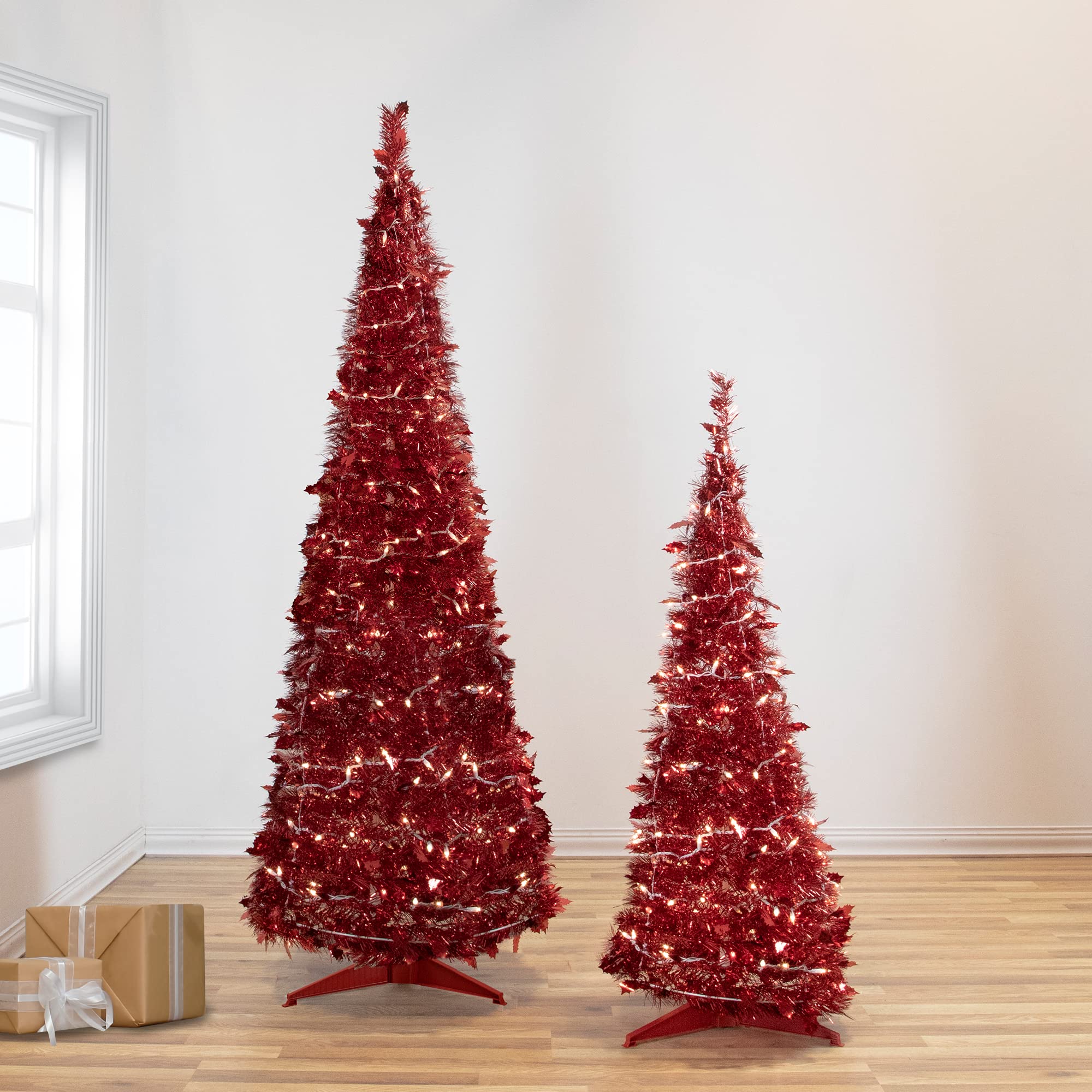 6ft Pre-Lit Red Tinsel Artificial Christmas Tree with Clear Lights - Sparkling Holiday Decor for Home, Office & Party Decorations