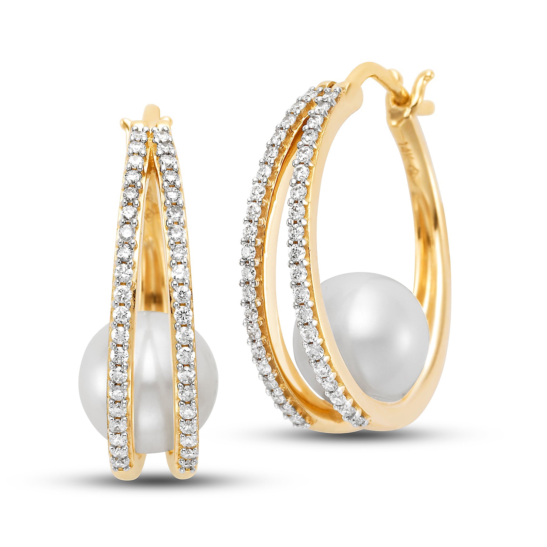 14K Gold Pearl & Pavé Diamond Hoop Earrings for Women - Elegant Dangle Earrings for Wedding, Party & Special Occasions