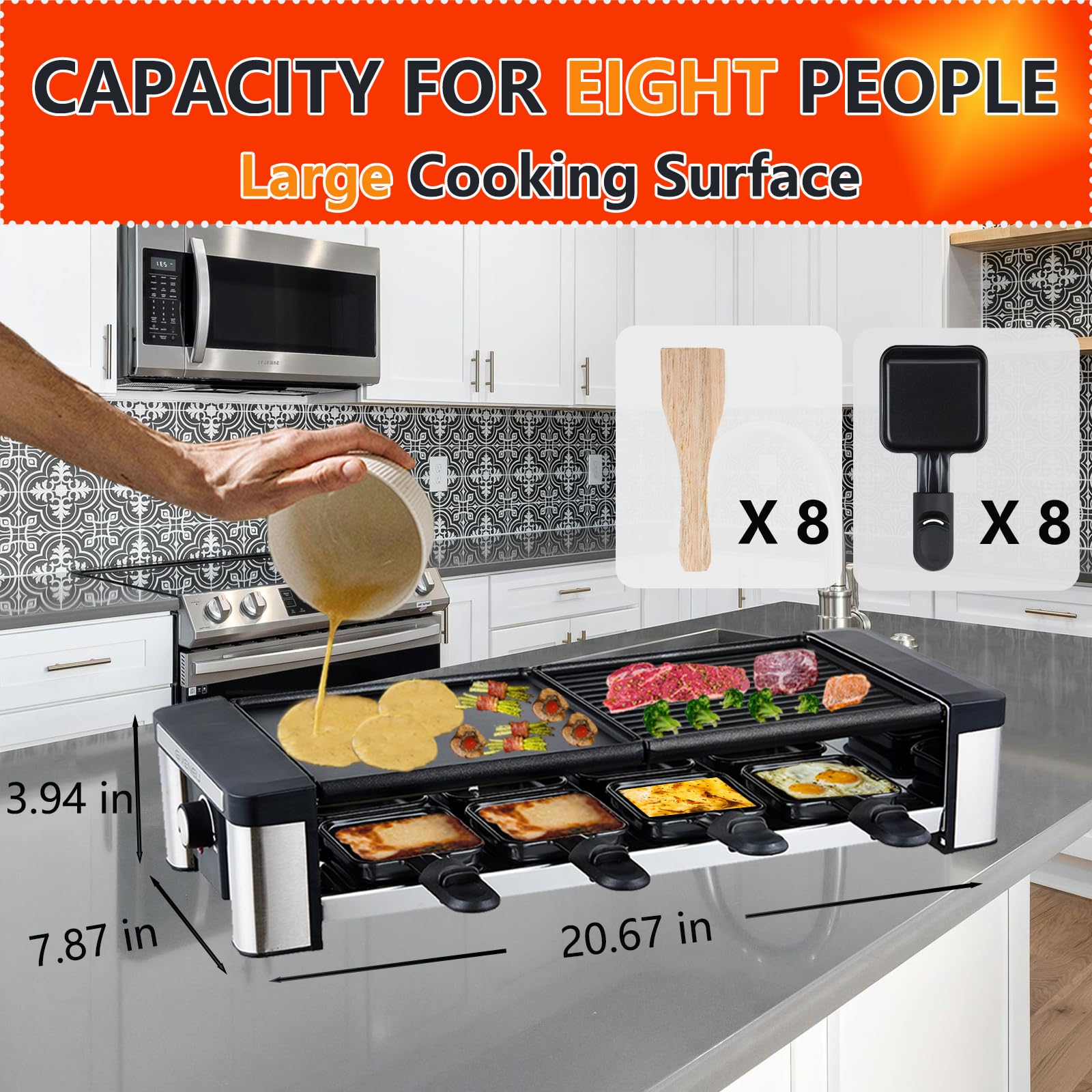 Electric Raclette Grill - 2-in-1 Indoor BBQ Grill with Non-Stick Plates & Stone, 1200W Fast Heating, 8 Cheese Melt Pans & Temp Control | Perfect for Family Gatherings, Dinner Parties & Cozy Winter Nights