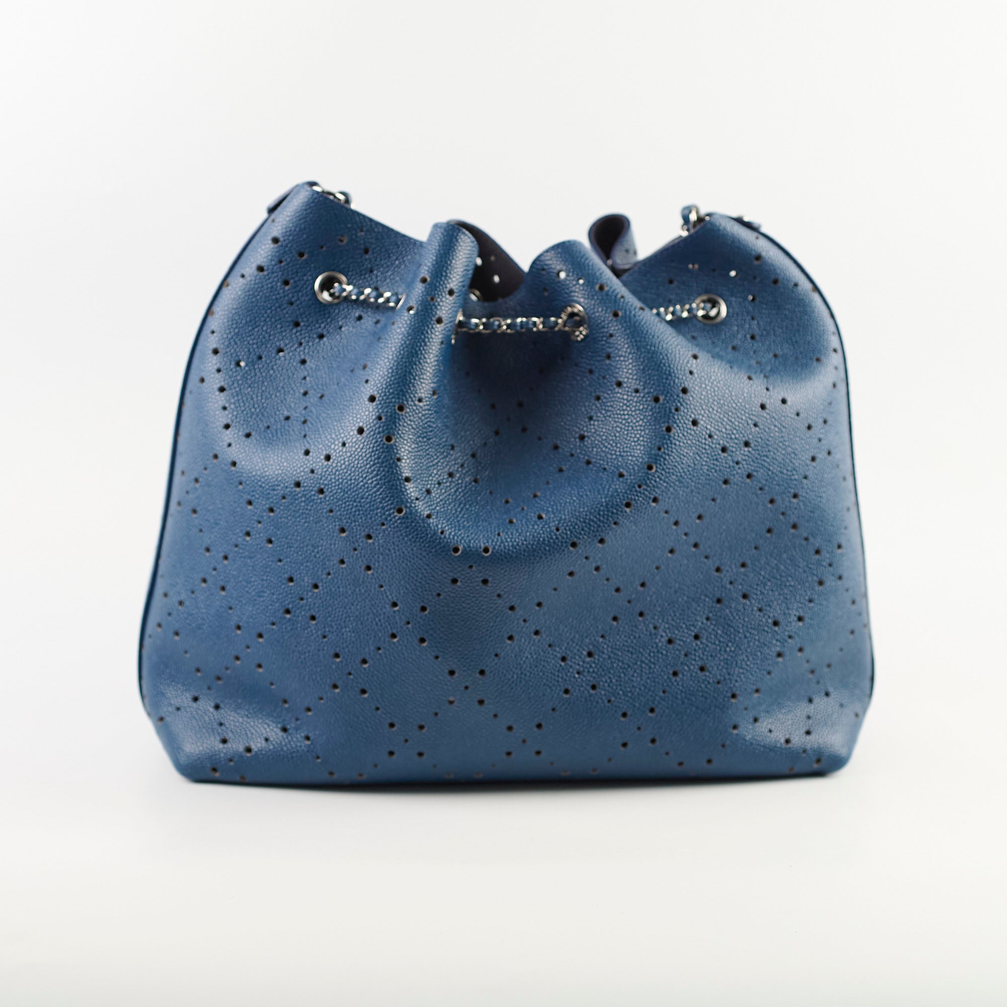 Chanel Perforated Drawstring Bucket Bag in Blue | Luxury Designer Handbag for Women | Perfect for Casual Outings & Beach Vacations