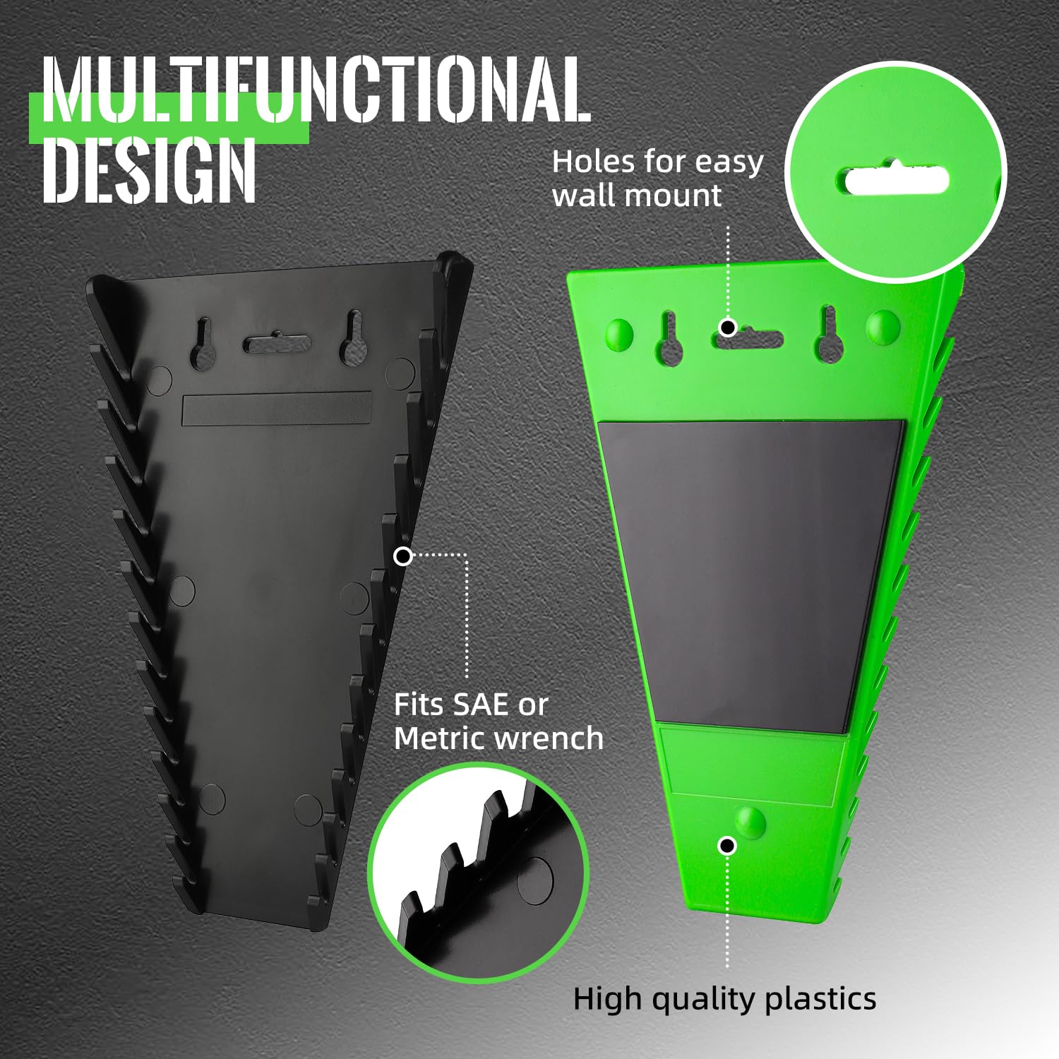 2-Pack Magnetic Wrench Organizer Set - Heavy Duty ABS Tool Holder with 24 Slots for SAE & Metric Wrenches (Green & Black) - Perfect for Toolbox, Garage, Workshop & Mechanic Tool Organization