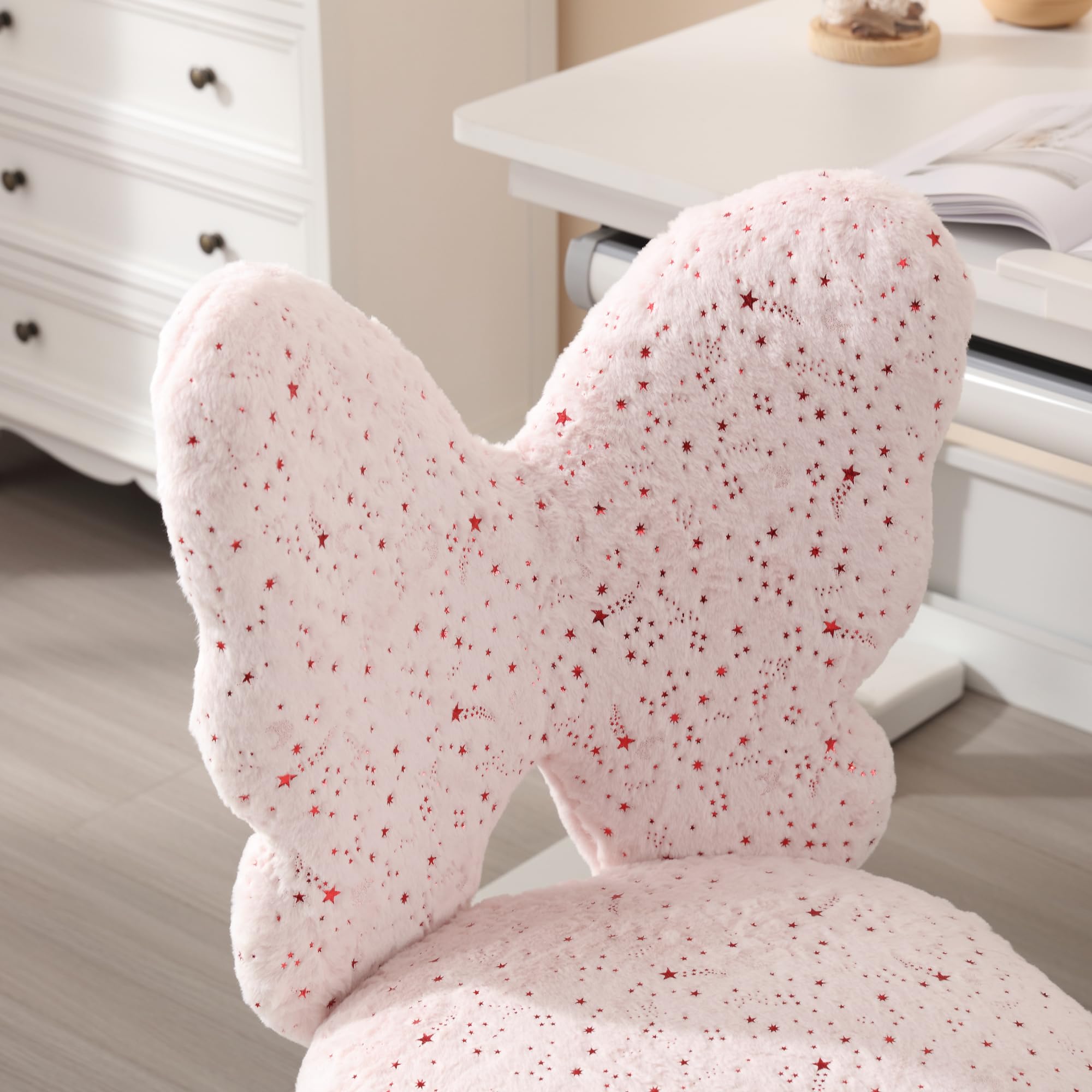 Kmax Adjustable Kids Desk Chair with Wheels - Soft Faux Fur Butterfly Swivel Chair for Children, Pink | Perfect for Bedroom, Study Room & Home Office Use