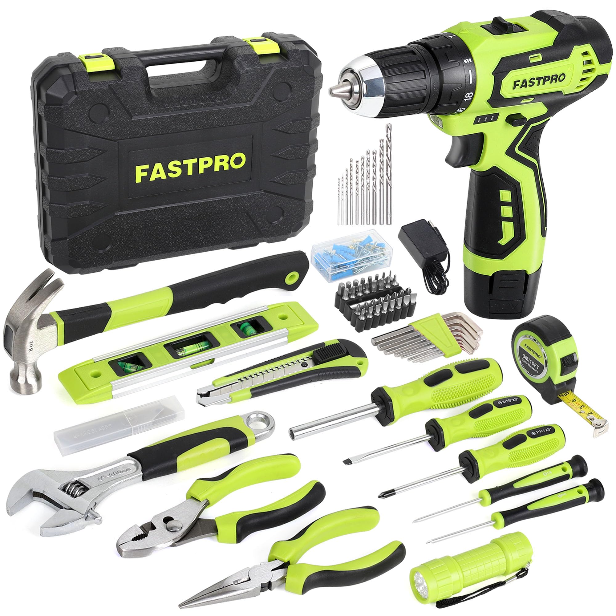 FASTPRO 160-Piece Home Tool Kit with 12V Cordless Lithium-Ion Drill Driver, Household Repair Tools & Storage Case - Perfect for DIY Projects, Home Maintenance & Professional Use - Ideal for Woodworking, Furniture Assembly & General Repairs