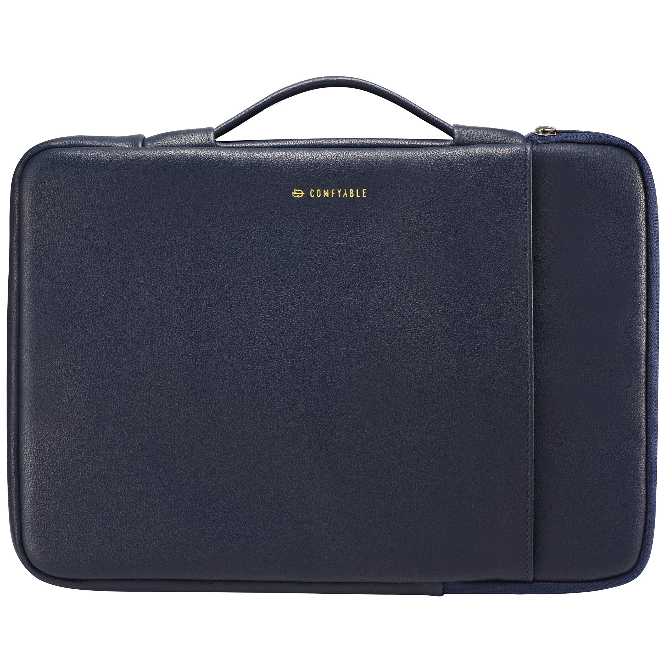 Premium Faux Leather Laptop Sleeve for 13-14 Inch MacBook Pro/Air | Waterproof Protective Case with Handle & Front Pocket | Compatible with M1 MacBook Pro 2021 (Blue) - Perfect for Business Travel, Commuting & Office Use