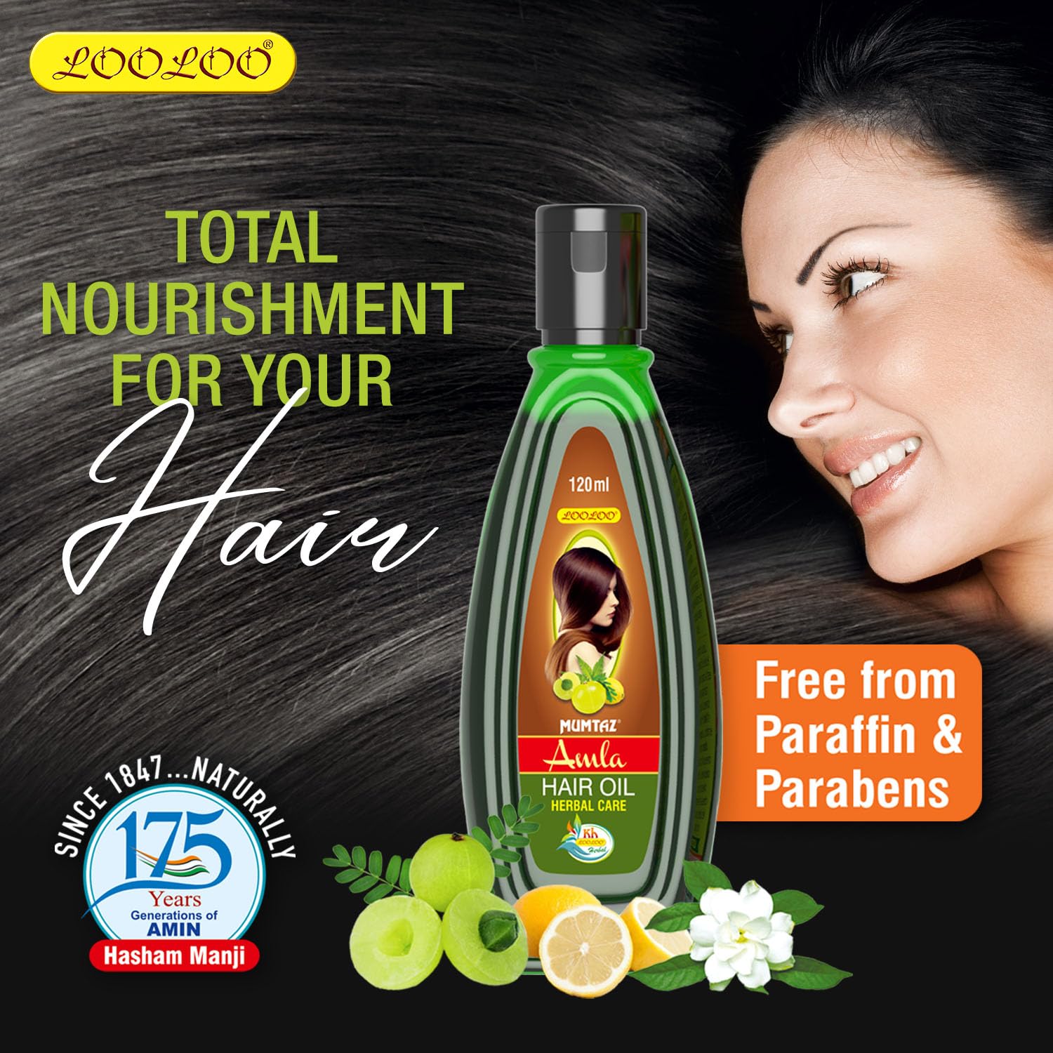 LooLoo Mumtaz Amla Hair Oil - 100% Natural Hair Growth Treatment with Amla, Jasmine & Lemon Extract - 3 Pack (120ml Each) for Dry, Damaged Hair & Scalp Care - Perfect for Daily Nourishment & Styling