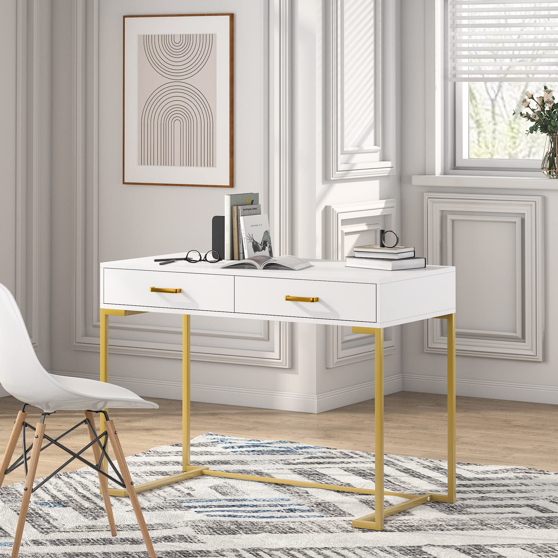 Tribesigns Modern White and Gold Computer Desk with 2 Drawers - Wood Top & Metal Frame, Home Office Writing Desk for Small Spaces, Bedroom or Study - Perfect for Remote Work, Online Classes & Gaming Setup