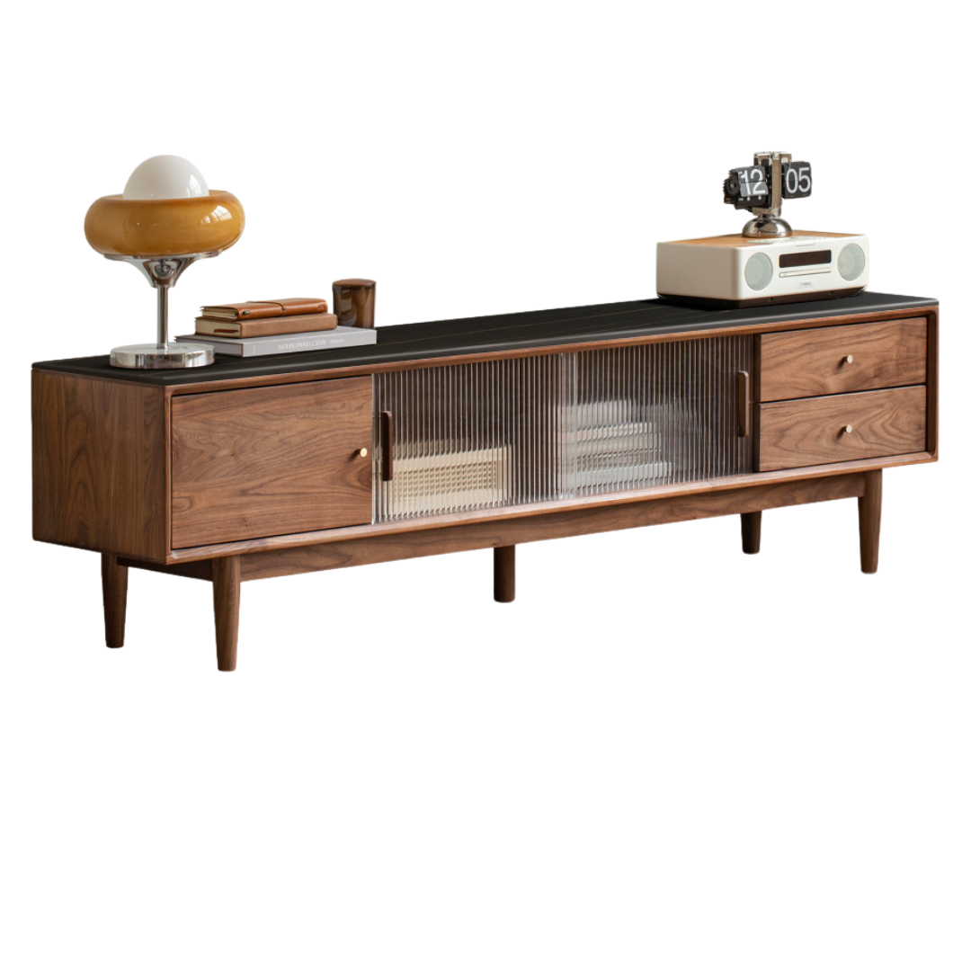 Premium Black Walnut Solid Wood TV Stand - Modern Entertainment Center with Storage Shelves for Living Room, Bedroom & Home Theater Setup