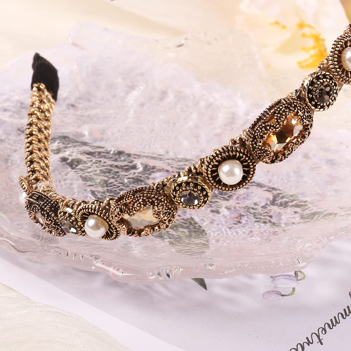 YARN & INK Gold Rhinestone Pearls Headbands for Women & Girls - Non-Slip Bling Hair Accessories for Parties, Weddings & Christmas Gifts (Baroque Champagne)