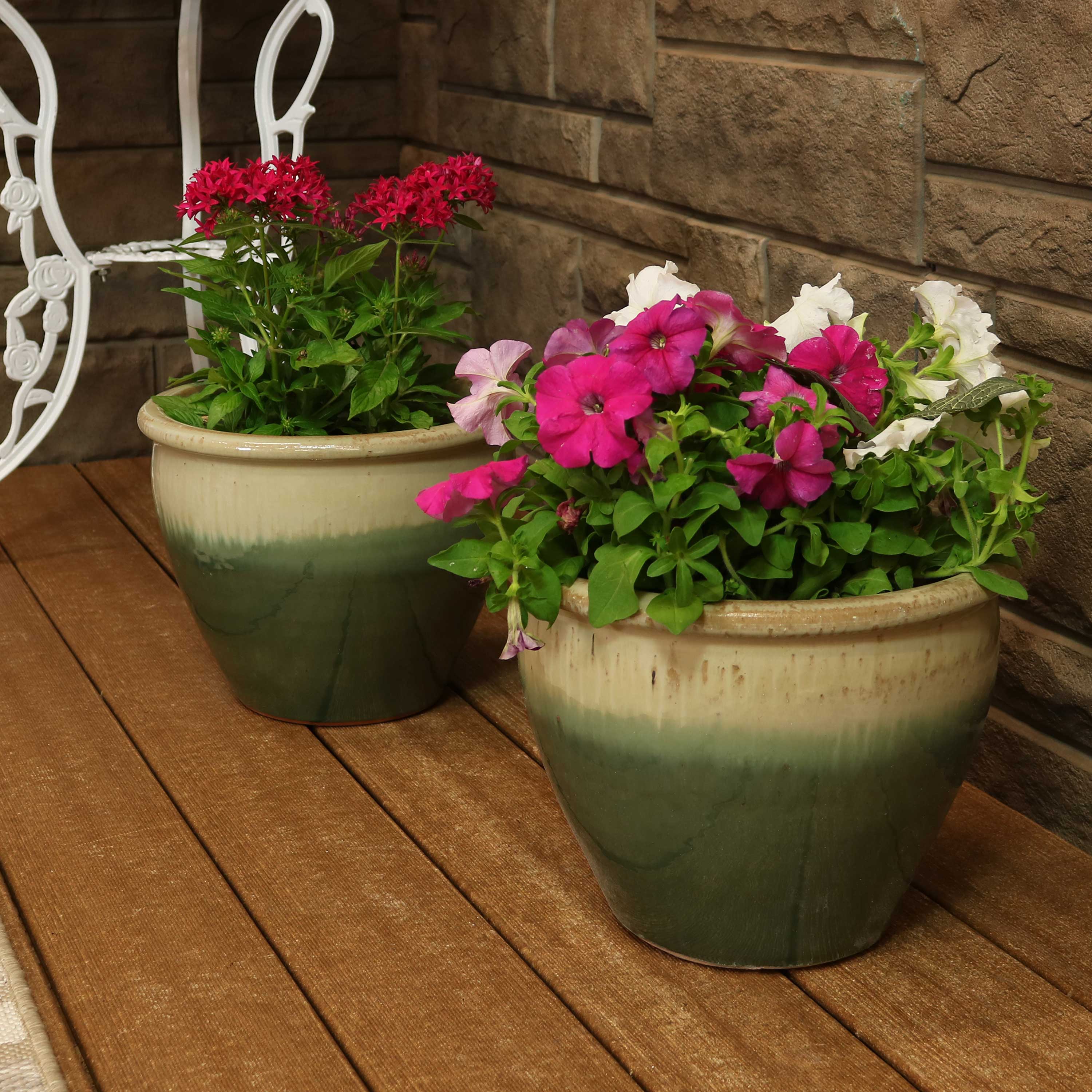 Sunnydaze Chalet Glazed Ceramic Plant Pots with Drainage Holes - Set of 2, Indoor Outdoor Garden Decor for Flowers, Succulents, Herbs - Perfect for Patio, Balcony, and Home Décor