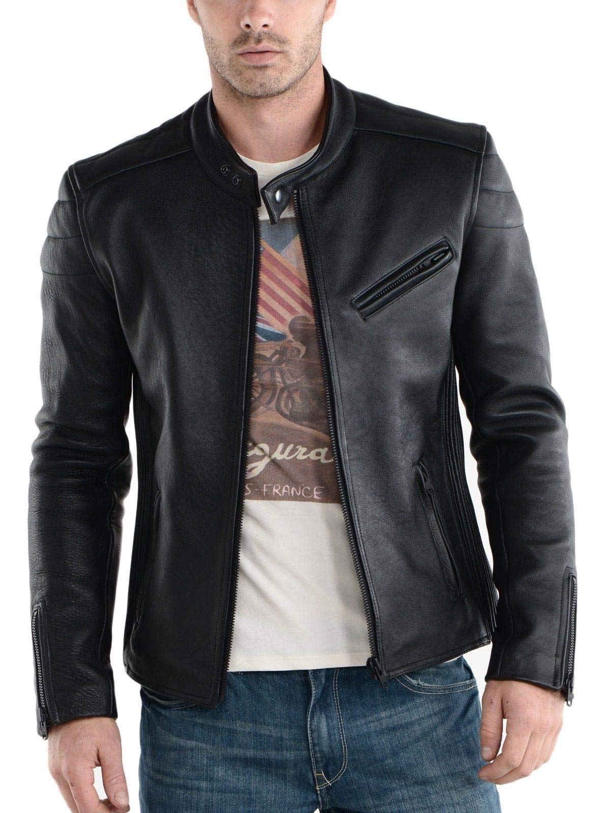 Men's Distressed Leather Jacket - Motorcycle Biker Bomber Jacket with Zipper | Stylish Black Outerwear for Riding & Casual Wear