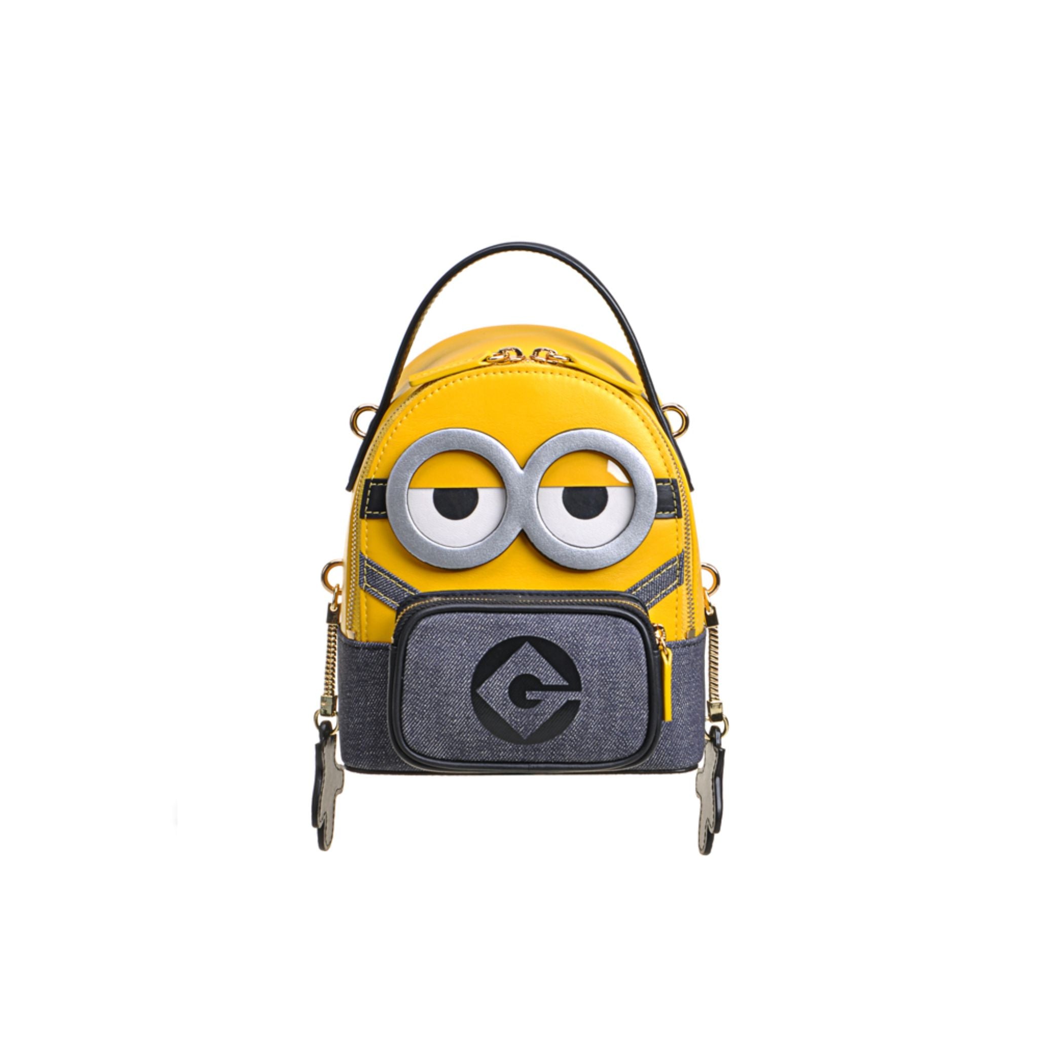 FION Minions Jacquard with Leather Backpack for Women & Men - Medium Size, Yellow & Dark Blue - Stylish School, Travel & Work Bag for Daily Use