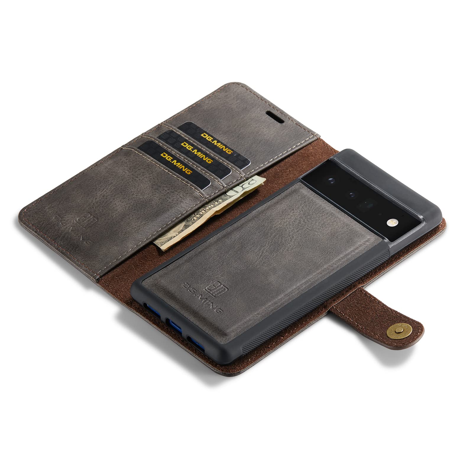 Premium Genuine Leather Wallet Case for Google Pixel 6 Pro - Detachable 2-in-1 Magnetic Flip Cover with Card Slots (Gray) | Slim Protective Phone Case for Business & Travel
