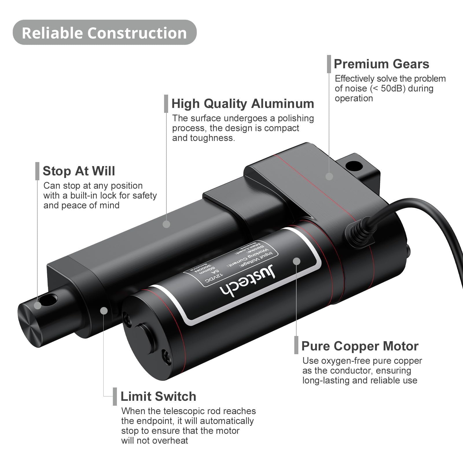 Justech 50mm 2inch Heavy Duty Linear Actuator Motor, 3000N 660LBS Stroke, 12V DC Linear Motion Actuator for Electric Beds, Sofa Recliners, Industrial Lifting Systems - Black (3000N 50mm) | Perfect for Home Automation, Medical Equipment & DIY Projects