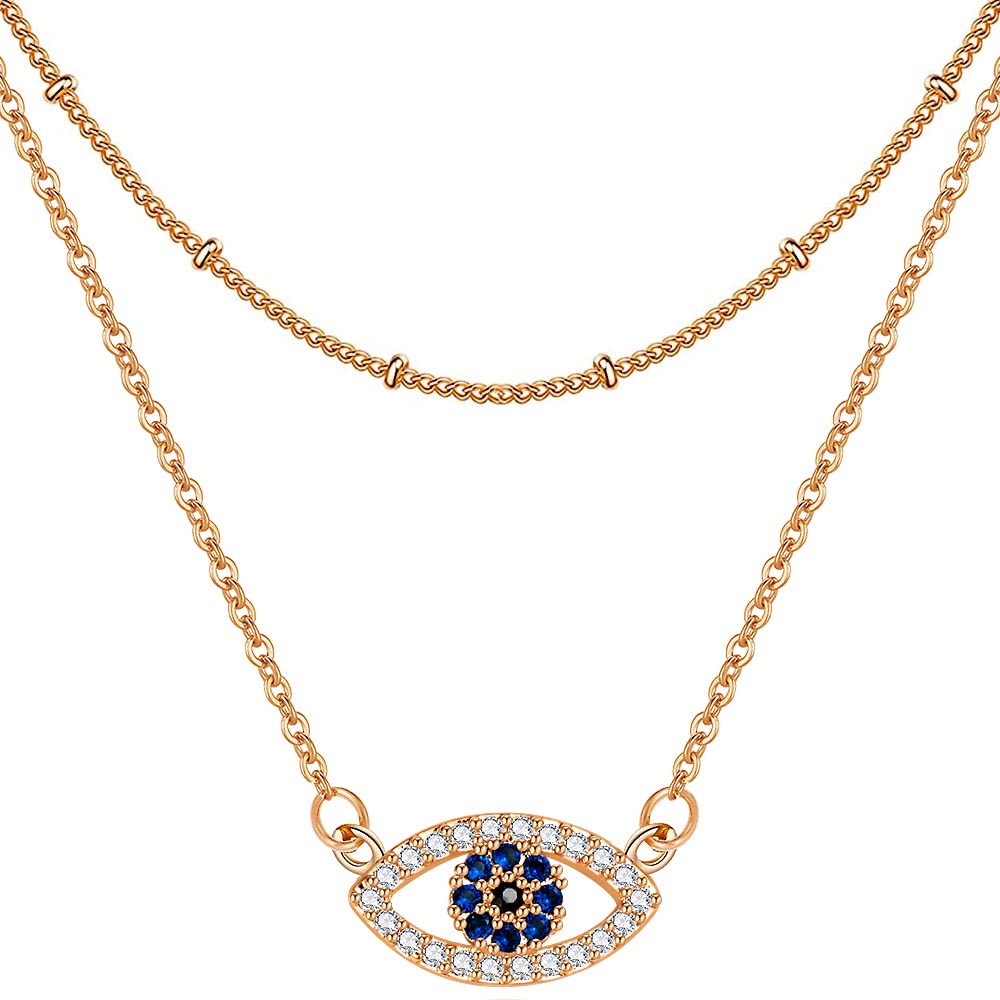 14K Gold Plated Evil Eye Layered Necklace Set for Women - 2PCS Dainty Satellite Beaded Choker with Rose Gold & Fake Diamond Pendant - Perfect for Everyday Wear, Gift Giving & Spiritual Protection